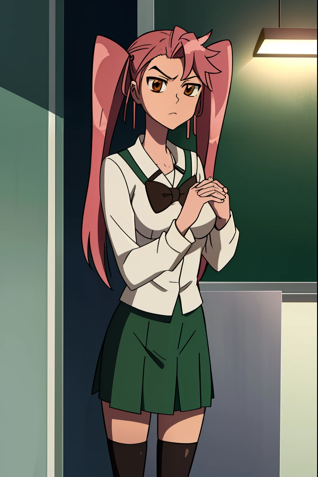 sayatakagi, saya takagi, long hair, ribbon, twintails, (brown eyes:1.5), hair ribbon, pink hair, glasses,
BREAK skirt, thighhighs, school uniform, serafuku, zettai ryouiki, green skirt, bowtie, long sleeves, black thighhighs, black bowtie,
BREAK looking at viewer,
BREAK indoors, classroom,
BREAK (masterpiece:1.2), best quality, high resolution, unity 8k wallpaper, (illustration:0.8), (beautiful detailed eyes:1.6), extremely detailed face, perfect lighting, extremely detailed CG, (perfect hands, perfect anatomy),