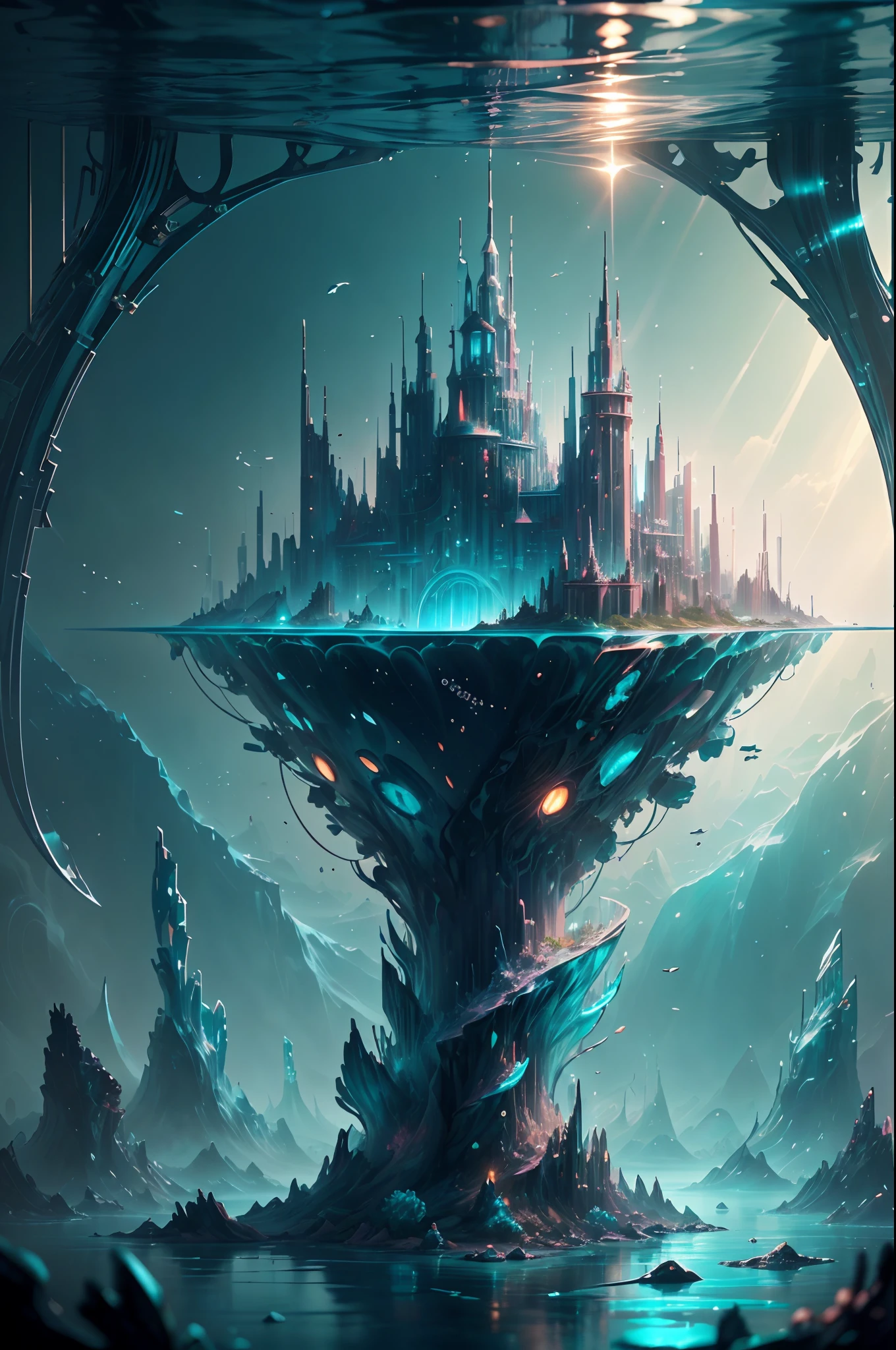 ModelShoot style, (Extremely detailed Cg Unity 8K wallpaper),Beautiful deep sea landscape，Translucent Queen of the Sea，The crown of the futuristic queen，Futuristic underwater translucent ice palace close-up,Colorful tropical fish, Beautiful coral reef in the background，Undersea Kingdom，Igloo，Ice Sculpture Palace，Ice cube room，The palace of the Ice Queen，Art germ, Broken glass, ((bubbly underwater scenery)) ，Radiant light octane rendering is highly detailed,photography of：Brandon Woelfelmist，Surreal dreams，Surrealist art fantasy style，Epic digital fantasy art style，lute，hdr，Beautiful sci-fi art, Science-fi digital art illustration, Digital cyberpunk art, science fiction digital painting, futuristic digital painting, futuristic concept art, Sci-fi deep-sea cyberpunk, Cyberpunk Atlantis in front of the landscape, science fiction digital art, Advanced digital cyberpunk art, dreamy cyberpunk girl