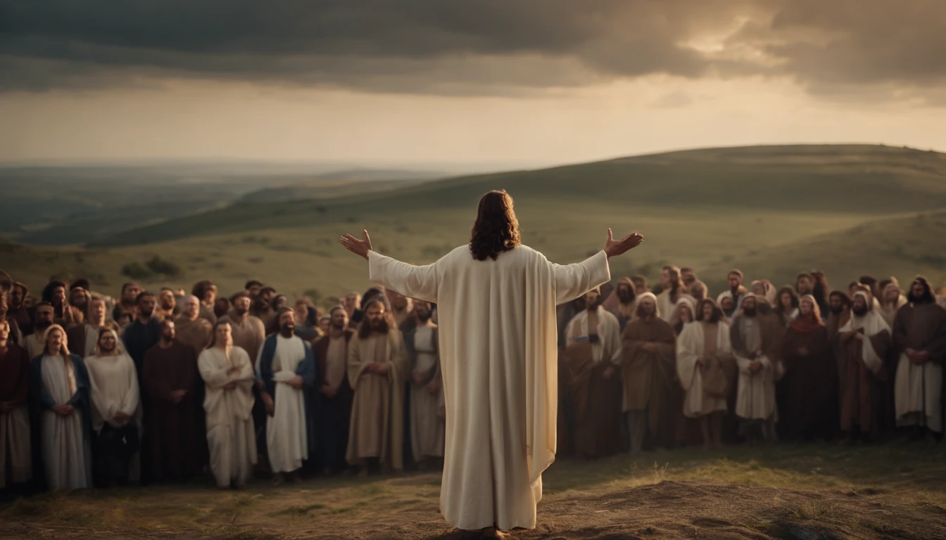 Jesus Christ speaking to a crowd, They're on the hill