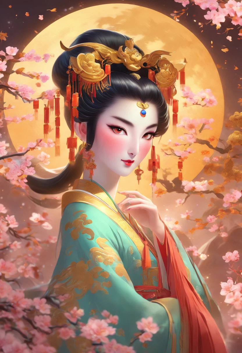 (((Chang'e))) best quality, ultra-high resolution, 4K detailed CG, master piece,Chang'e, Chinese goddess,Chinese clothing, Chinese mythology, ((Chinese goddess)),Chinese painting style,Shui mo Hua,Thangka style, aesthetic ukiyo painting, centered on the canvas