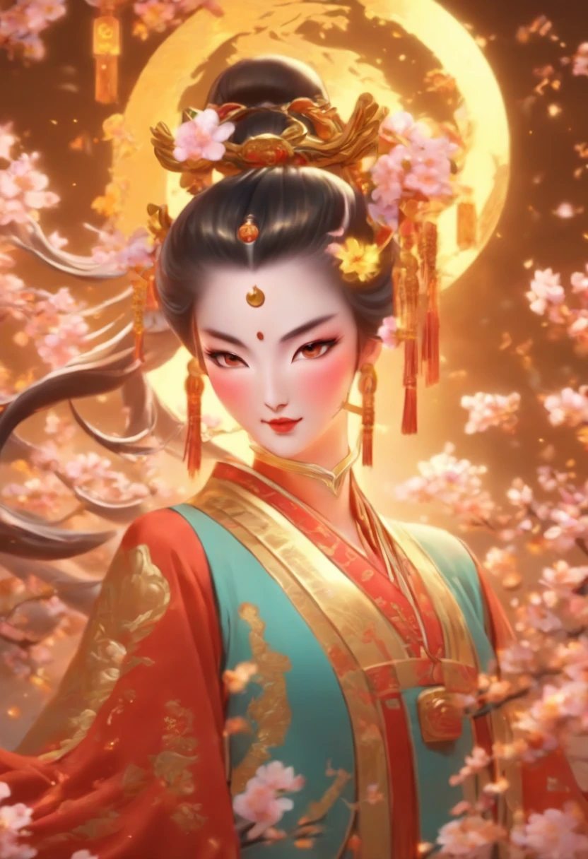(((Chang'e))) best quality, ultra-high resolution, 4K detailed CG, master piece,Chang'e, Chinese goddess,Chinese clothing, Chinese mythology, ((Chinese goddess)),Chinese painting style,Shui mo Hua,Thangka style, aesthetic ukiyo painting, centered on the canvas