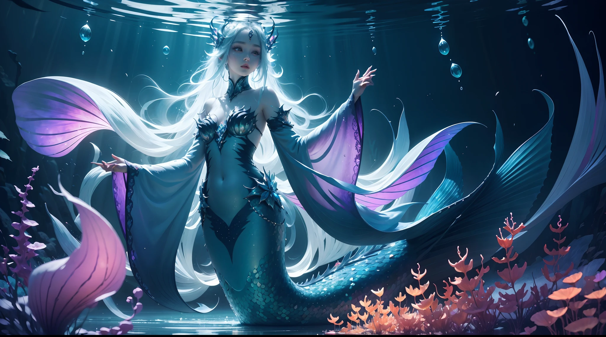 abyssal,(depth of fields),Mermaid Queen,long whitr hair,Ethereal beauty,peacful,tropical fishes,jelly fish,the reef。Vibrant colors,dreamlike lighting.Best quality,A high resolution,Masterpiece:1.2.