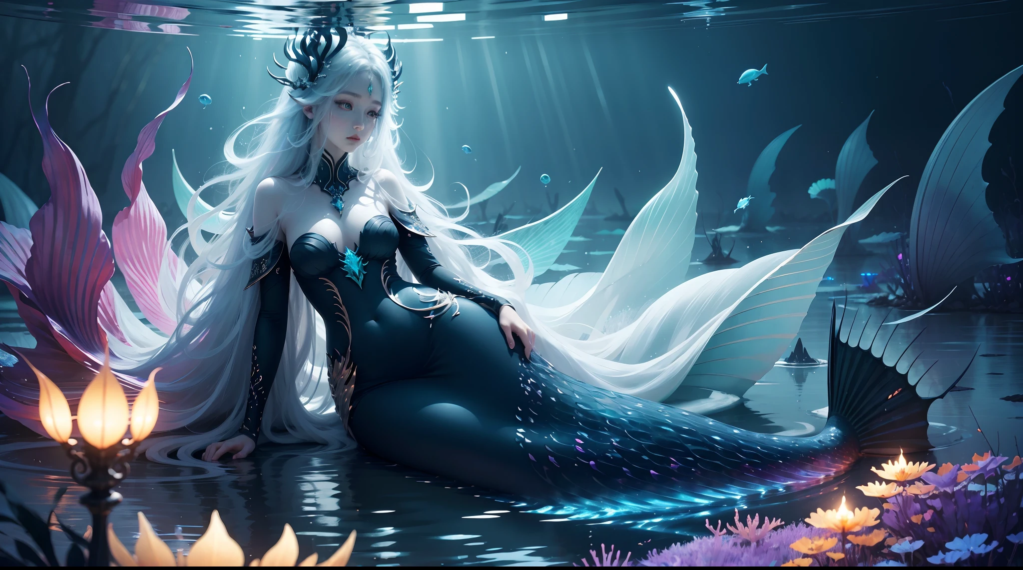 abyssal,(depth of fields),Mermaid Queen,long whitr hair,Ethereal beauty,peacful,tropical fishes,jelly fish,the reef。Vibrant colors,dreamlike lighting.Best quality,A high resolution,Masterpiece:1.2.
