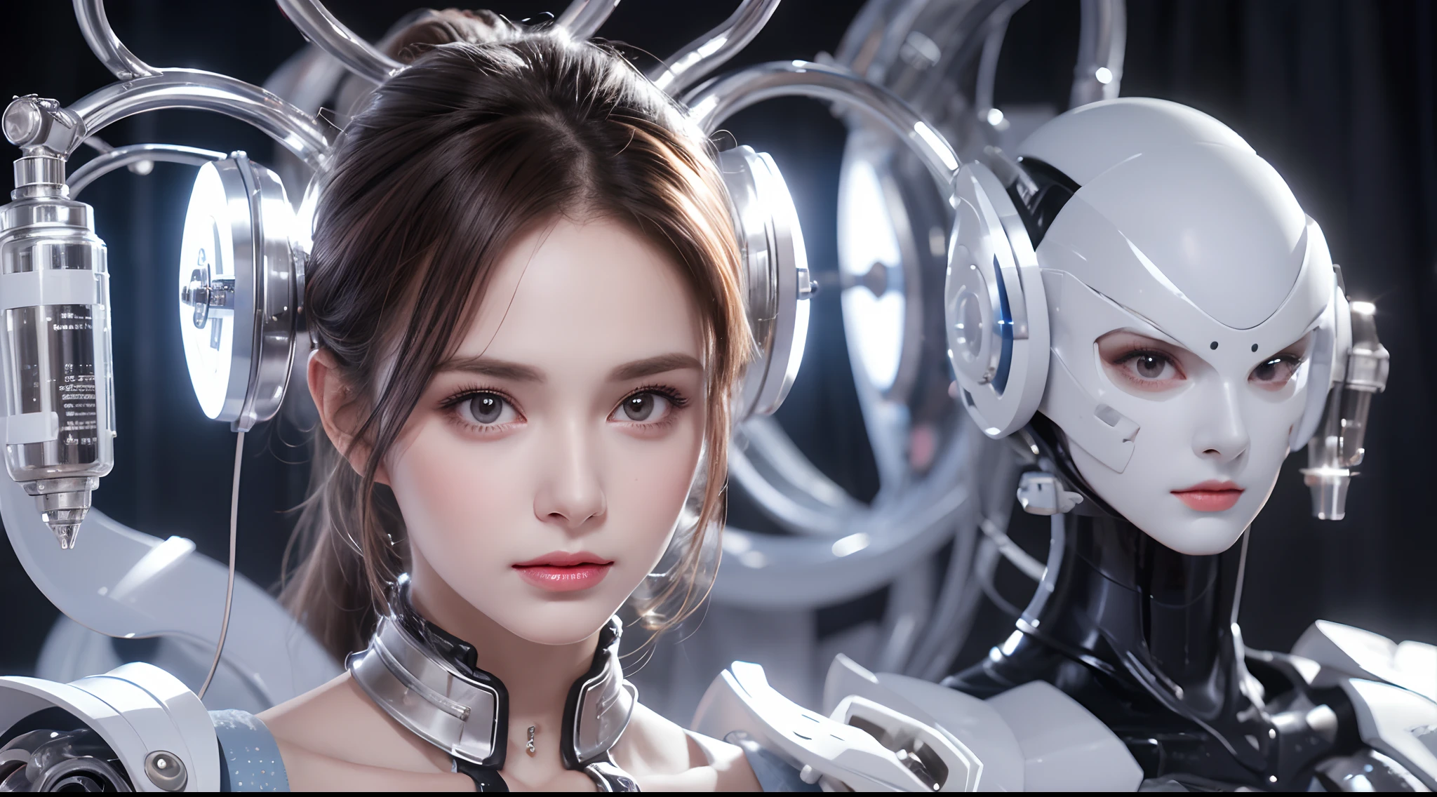 A close-up head and chest portrait of a pretty and cute woman, her chest adorned with pneumatic tubes that give her a unique and futuristic appearance. The highly detailed digital rendering captures every aspect of her beauty, from her delicate features to the intricate tubes.