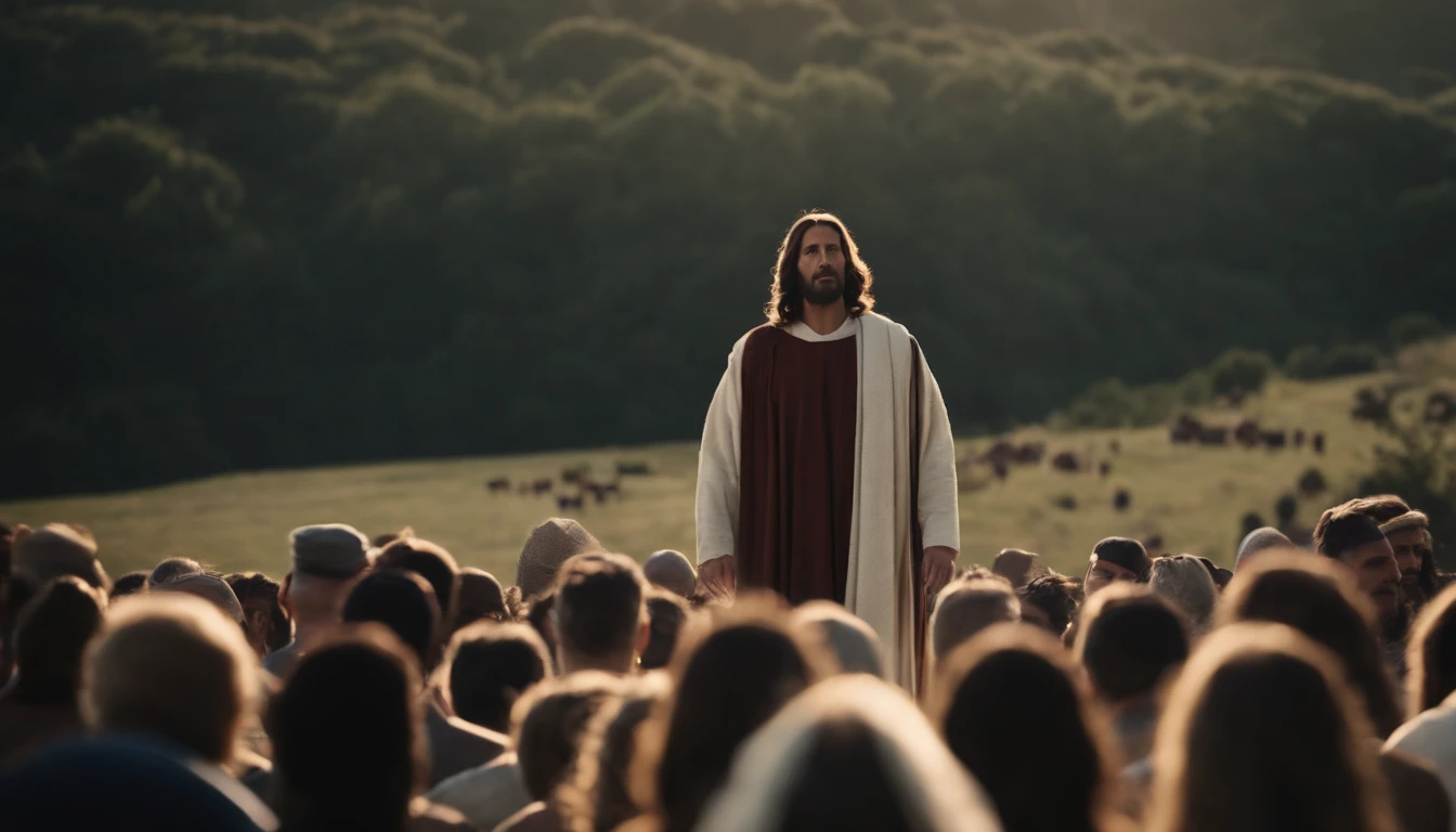Jesus Christ speaking to a crowd, They're on the hill