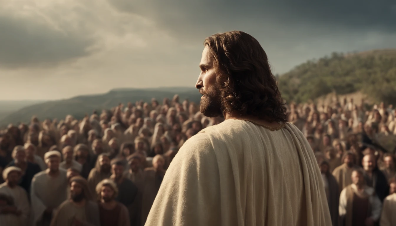 Jesus Christ speaking to a crowd, They're on the hill