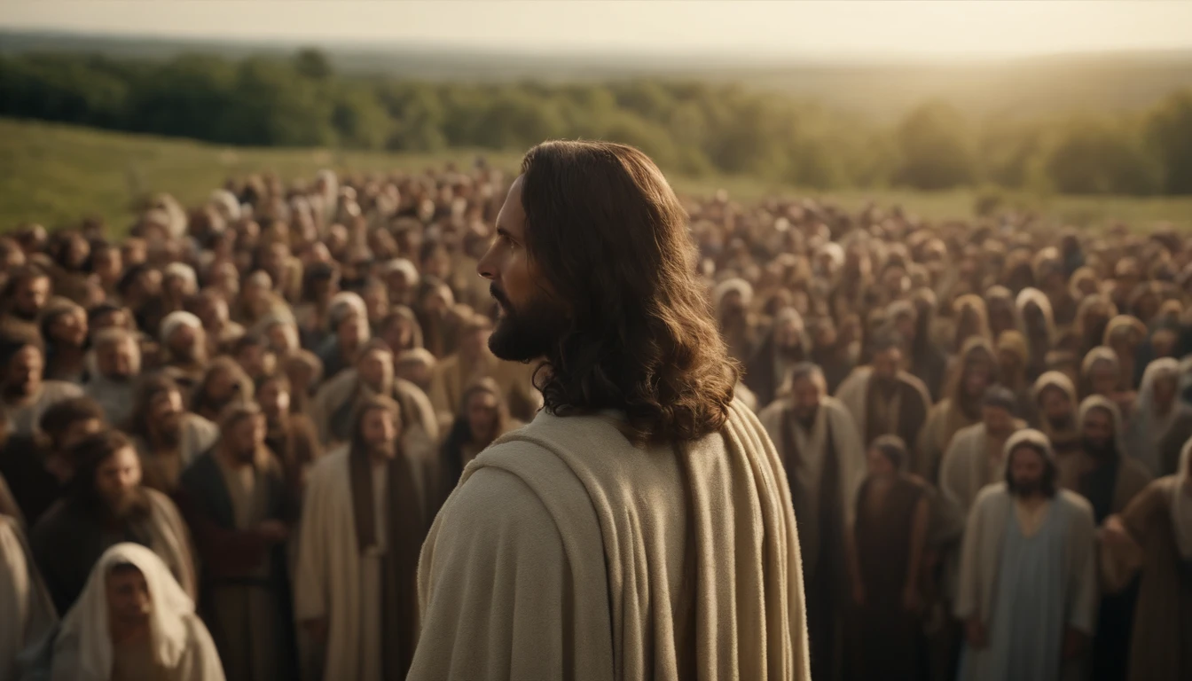 Jesus Christ speaking to a crowd, They're on the hill