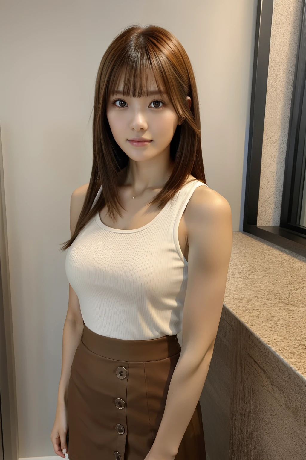 Realistic, Photorealsitic, masutepiece, Best Quality, 超A high resolution, Raw photo, Face Focus, elegent, Full body, (1girl in), 22year old, Tank Tops, Orange Tight Medium Skirt, (Brown hair), (Bangs Hair), Standing, (Smaller bust), Looking at Viewer, Beautiful fece, No makeup, Clean face, Perfect Anatomy, perfectly proportions, detailed human body