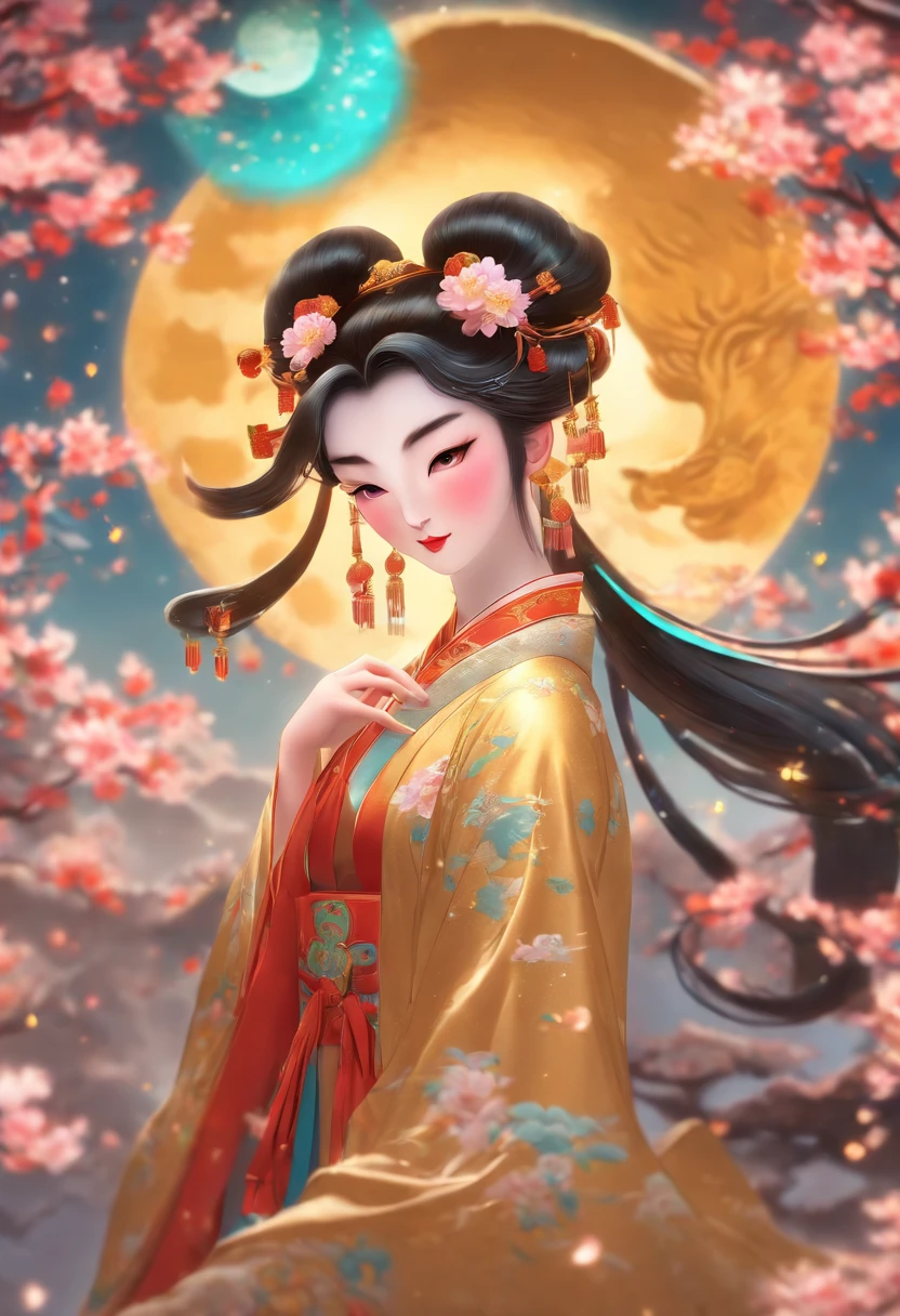(((Chang'e))) best quality, ultra-high resolution, 4K detailed CG, master piece,Chang'e, Chinese goddess,Chinese clothing, Chinese mythology, ((Chinese goddess)),Chinese painting style,Shui mo Hua,Thangka style, aesthetic, ukiyo painting, centered on the canvas