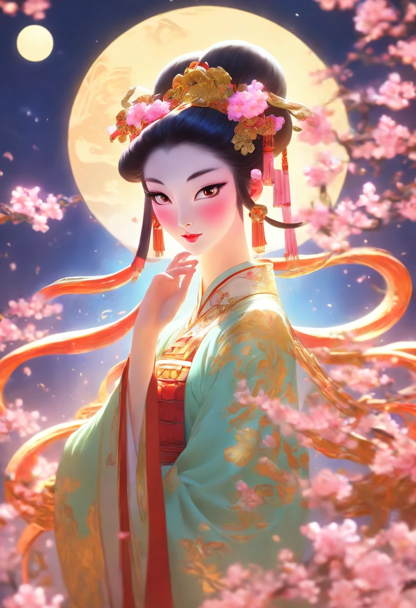 (((Chang'e))) best quality, ultra-high resolution, 4K detailed CG, master piece,Chang'e, Chinese goddess,Chinese clothing, Chinese mythology, ((Chinese goddess)),Chinese painting style,Shui mo Hua,Thangka style, aesthetic, ukiyo painting, centered on the canvas