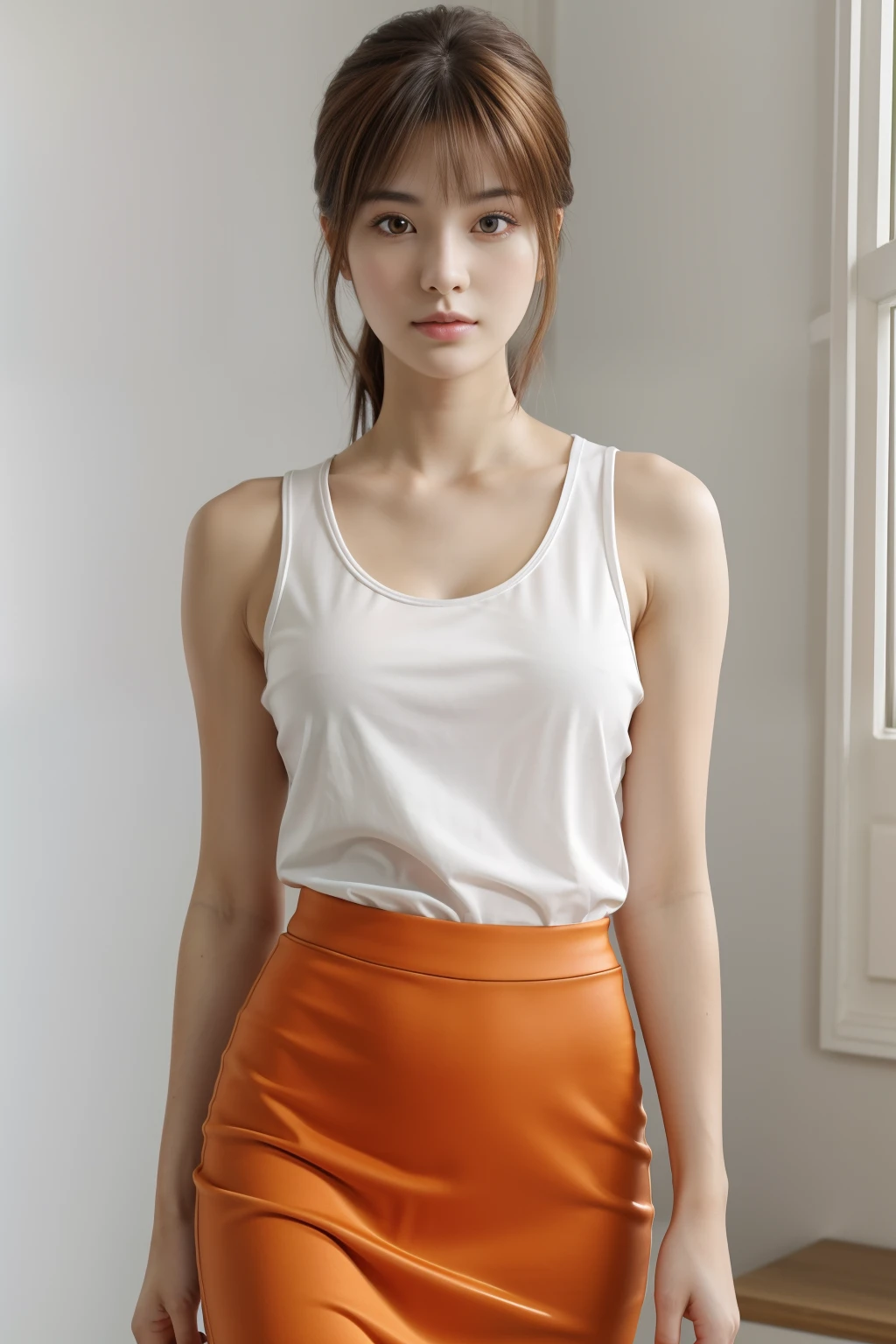 Realistic, Photorealsitic, masutepiece, Best Quality, 超A high resolution, Raw photo, Face Focus, elegent, Full body, (1girl in), 22year old, Tank Tops, Orange Tight Medium Skirt, (Brown hair), (Bangs Hair), Standing, (Smaller bust), Looking at Viewer, Beautiful fece, No makeup, Clean face, Perfect Anatomy, perfectly proportions, detailed human body