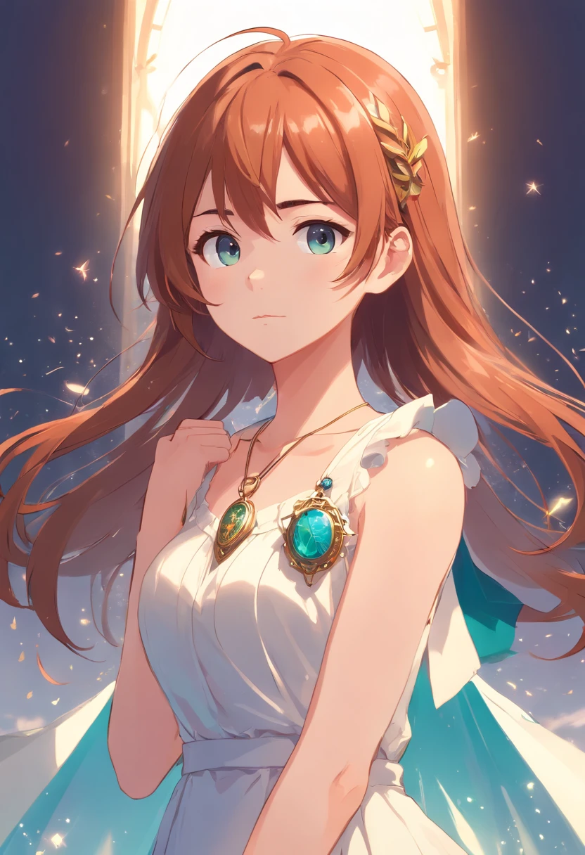 (beste-Qualit, tmasterpiece), 1girl, with thick copper hair, In a magic dress and with a locket around her neck, On White Background, in full height