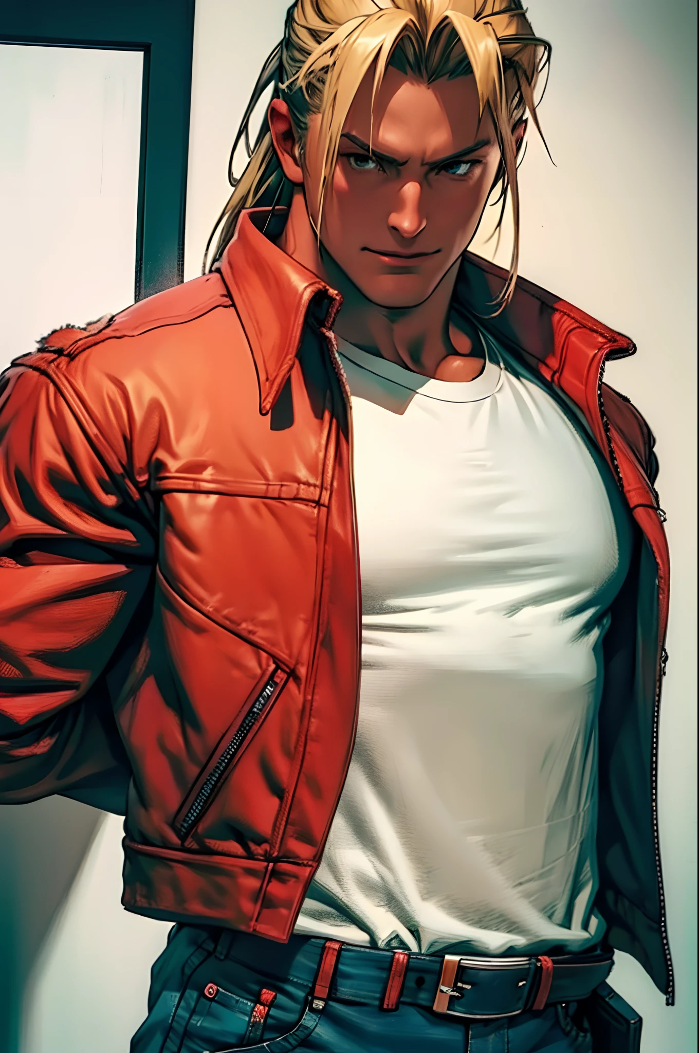 masterpiece, best quality, ultra -detailed, finely detail Terry Bogard, white shirt, red vest, black belt, blue jeans, half body, blond hair