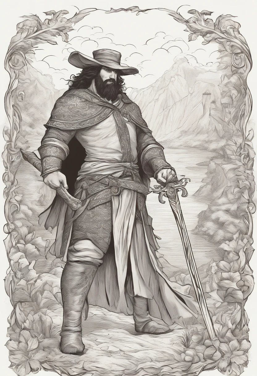 16.9 DE DOS A realistic illustration of a large size, Black Curly Hair, sur deux, sur deux, DE DOS Muscular man from the back wearing a magician's hat and holding a scepter, stands with his back to the camera in the foreground, Traiter avec les bateaux, On peut voir des marchands remplir l'embarcation, port rempli de bateau, Medieval port