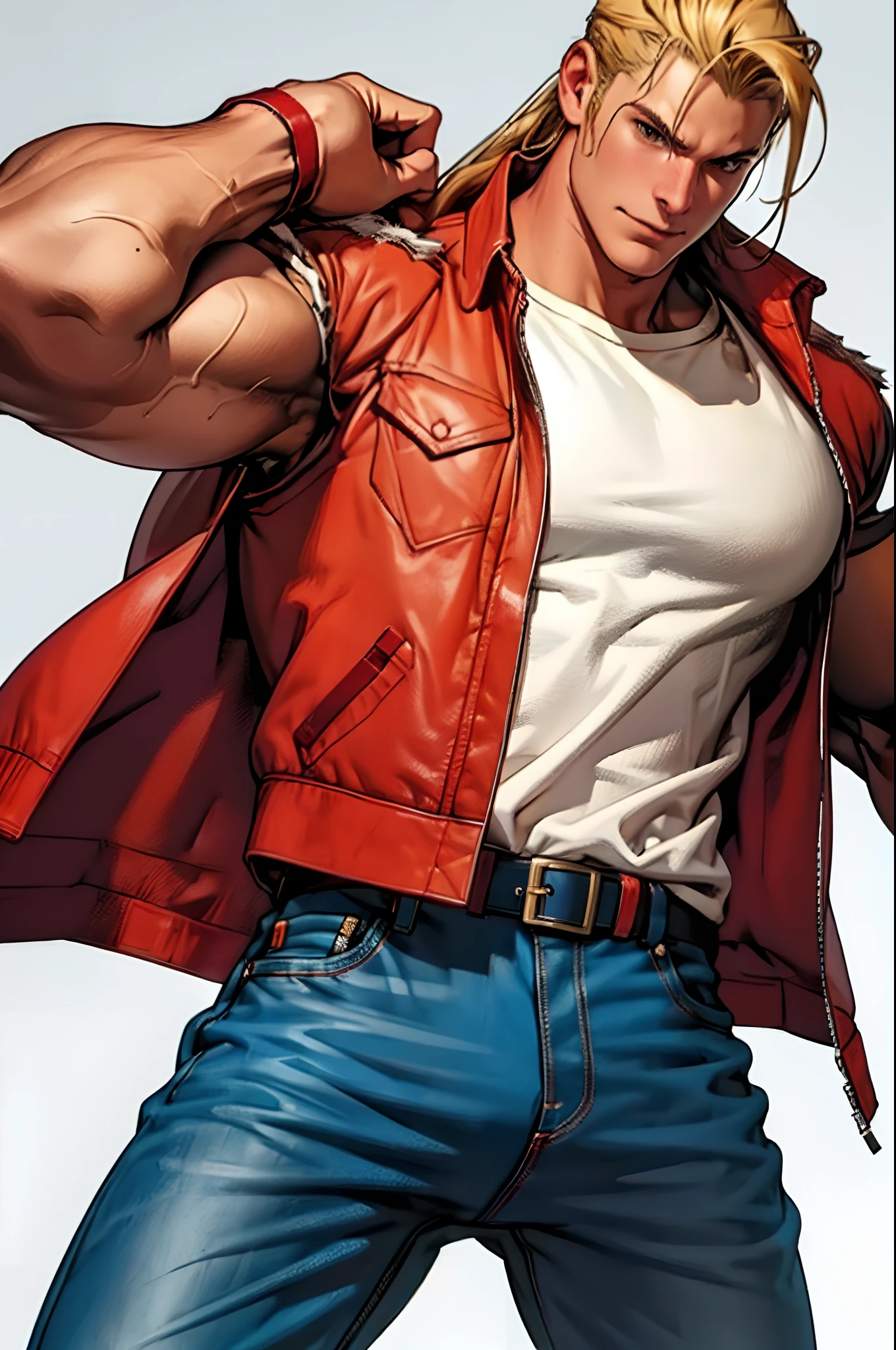 masterpiece, best quality, ultra -detailed, finely detail Terry Bogard, white shirt, red vest, black belt, blue jeans, half body, blond hair