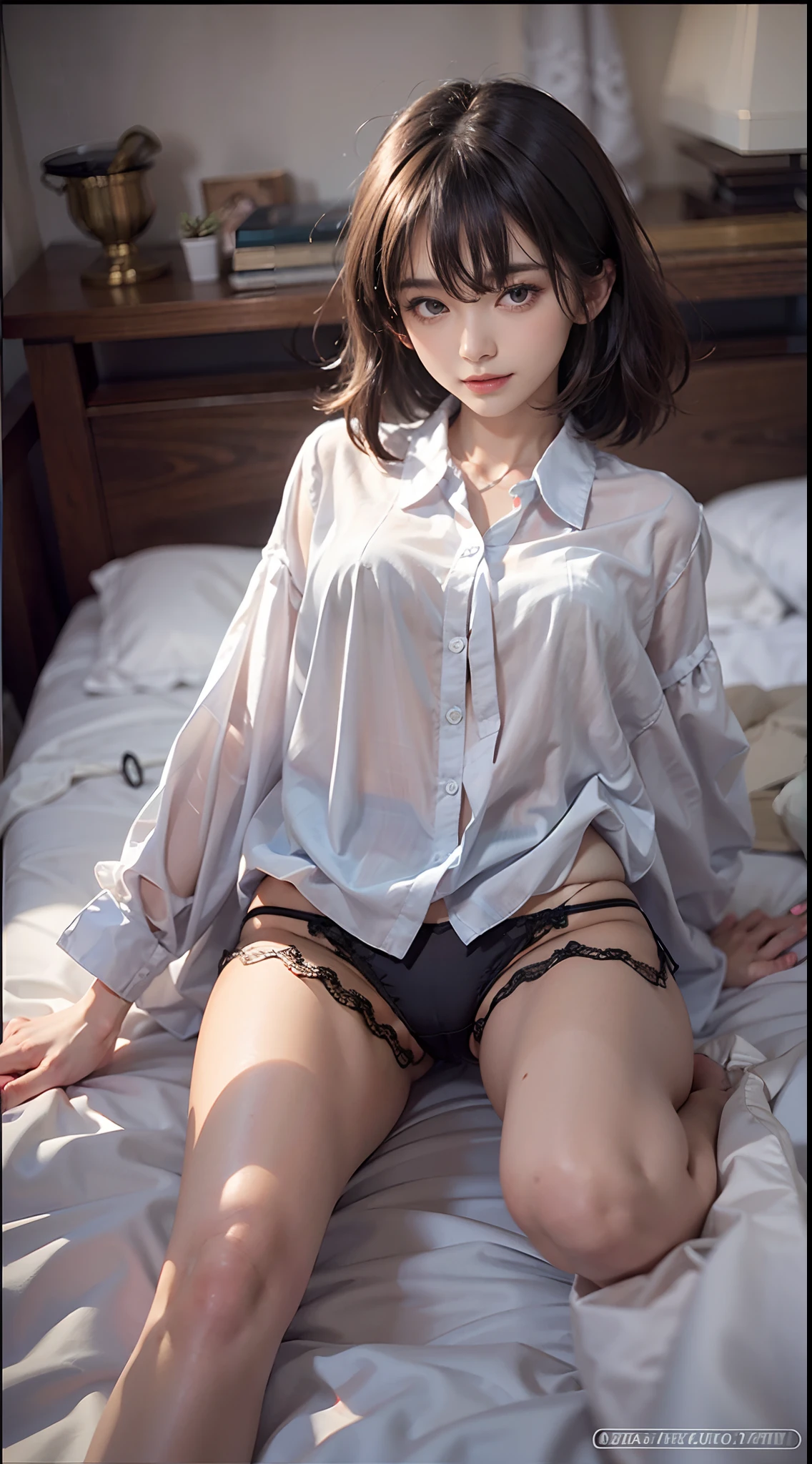 a bed, Sit up, (((The lower part of the body is bare))), (((Long collar blouse))), (((Loose shirt))), ((((Long shirt with hem)))), ((Small Panties)), Smiling smile, (NSFW), 1womanl, 独奏, 24 year old, 7headed body, (Ideal ratio body proportions), (Composition from head to thigh), erectile nipple, Sexy body, Wet, short-hair, Dark hair, small tits, A slender, Small buttocks, beauty legs, Skinny Legs, surrealism, Cinematic lighting, depth of fields, One-person viewpoint, F/1.8, 135 mm, nffsw, masutepiece, ccurate, ((Anatomically correct)), Textured skin, Super Detail, high details, High quality, awardwinning, Best Quality, hight resolution, 8K