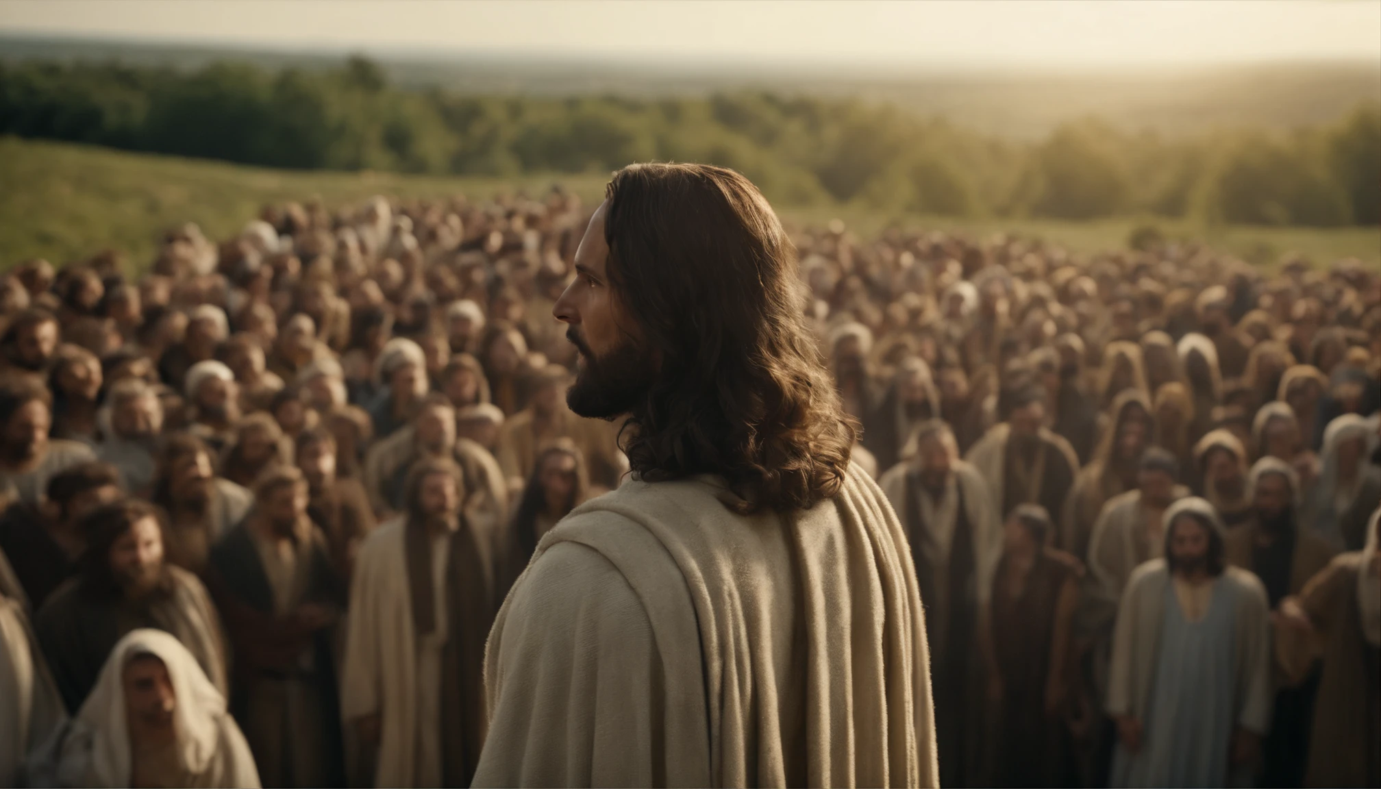 Jesus Christ speaking to a crowd, They're on the hill