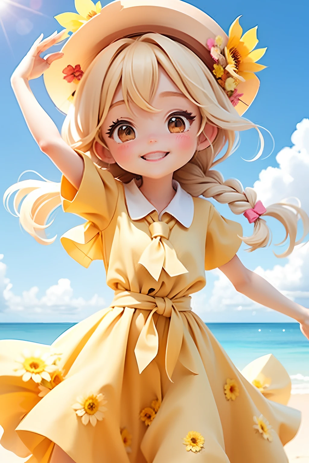 lolli girl in princess long yellow dress with sun flower style, blond hair with braid, cute smile in happyface, cap, cute ribbons, necktie, photoshot, summer sun beach