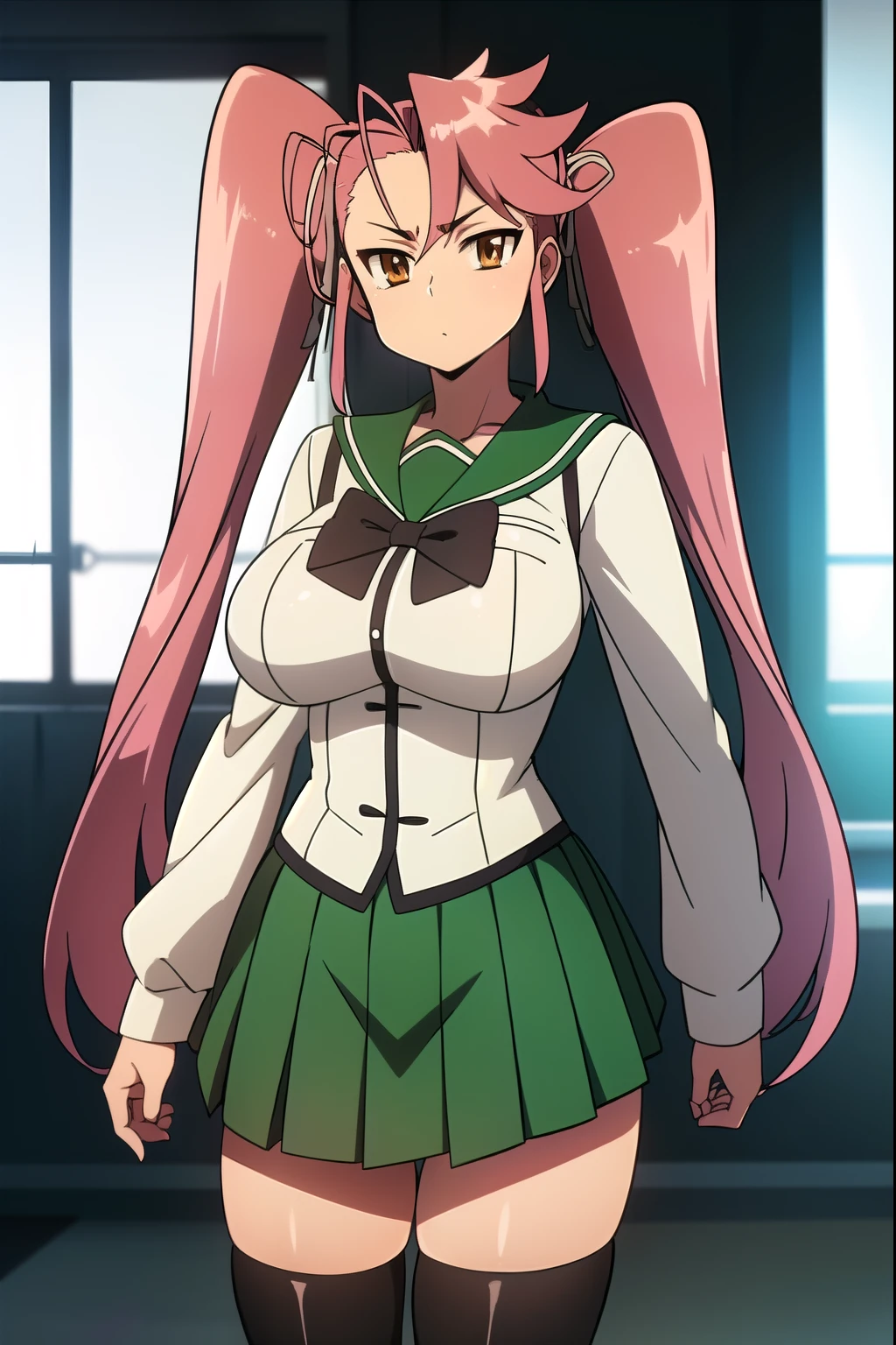 sayatakagi, saya takagi, long hair, ribbon, twintails, (brown eyes:1.5), hair ribbon, pink hair, glasses,
BREAK skirt, thighhighs, school uniform, serafuku, zettai ryouiki, green skirt, bowtie, long sleeves, black thighhighs, black bowtie,
BREAK looking at viewer,
BREAK indoors, classroom,huge breasts,
BREAK (masterpiece:1.2), best quality, high resolution, unity 8k wallpaper, (illustration:0.8), (beautiful detailed eyes:1.6), extremely detailed face, perfect lighting, extremely detailed CG, (perfect hands, perfect anatomy),