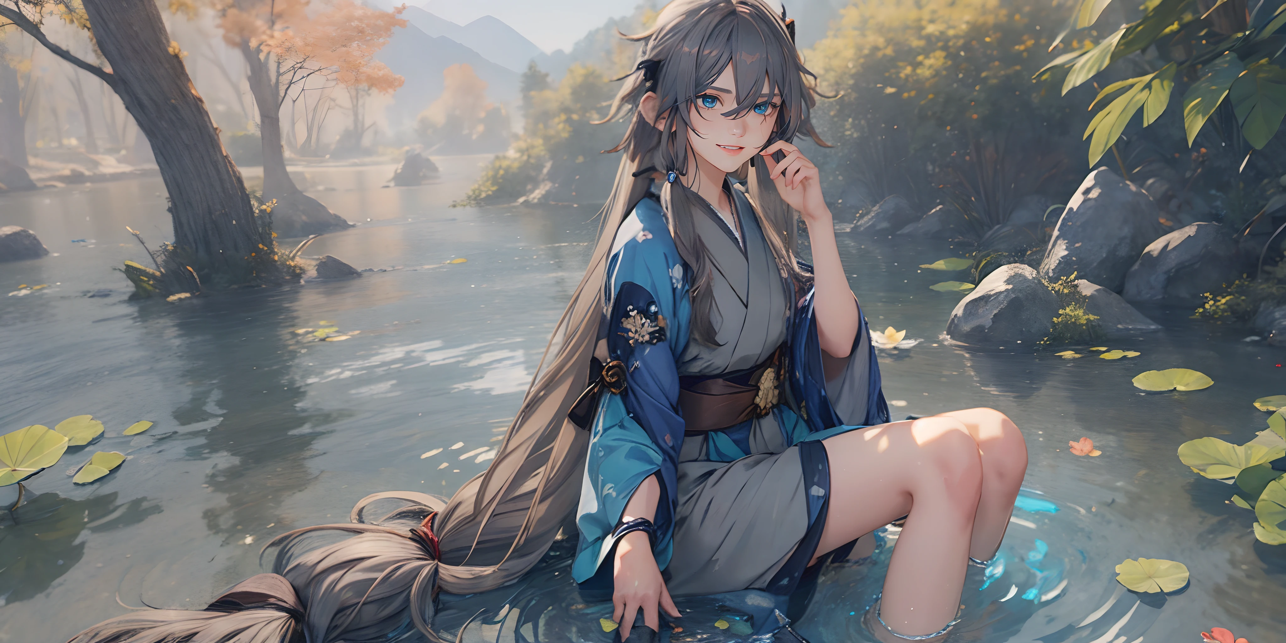 (grey hair, long hair:1.6), blue eyes, japanese_clothes, 1girl, sitting, water, kimono, flower, wide_sleeves, blue_kimono, solo, barefoot, breasts, bangs, long_sleeves,  looking_at_viewer, lily_pad,  outdoors, sash, glow effects, godrays, Hand drawn, render, 8k, octane render, cinema 4d, blender, dark, atmospheric 4k ultra detailed, cinematic, Sharp focus, big depth of field, Masterpiece, colors, 3d octane render, 4k, concept art, trending on artstation, hyperrealistic, Vivid colors, extremely detailed CG unity 8k wallpaper, trending on CGSociety, Intricate, High Detail, dramatic, glowing eye