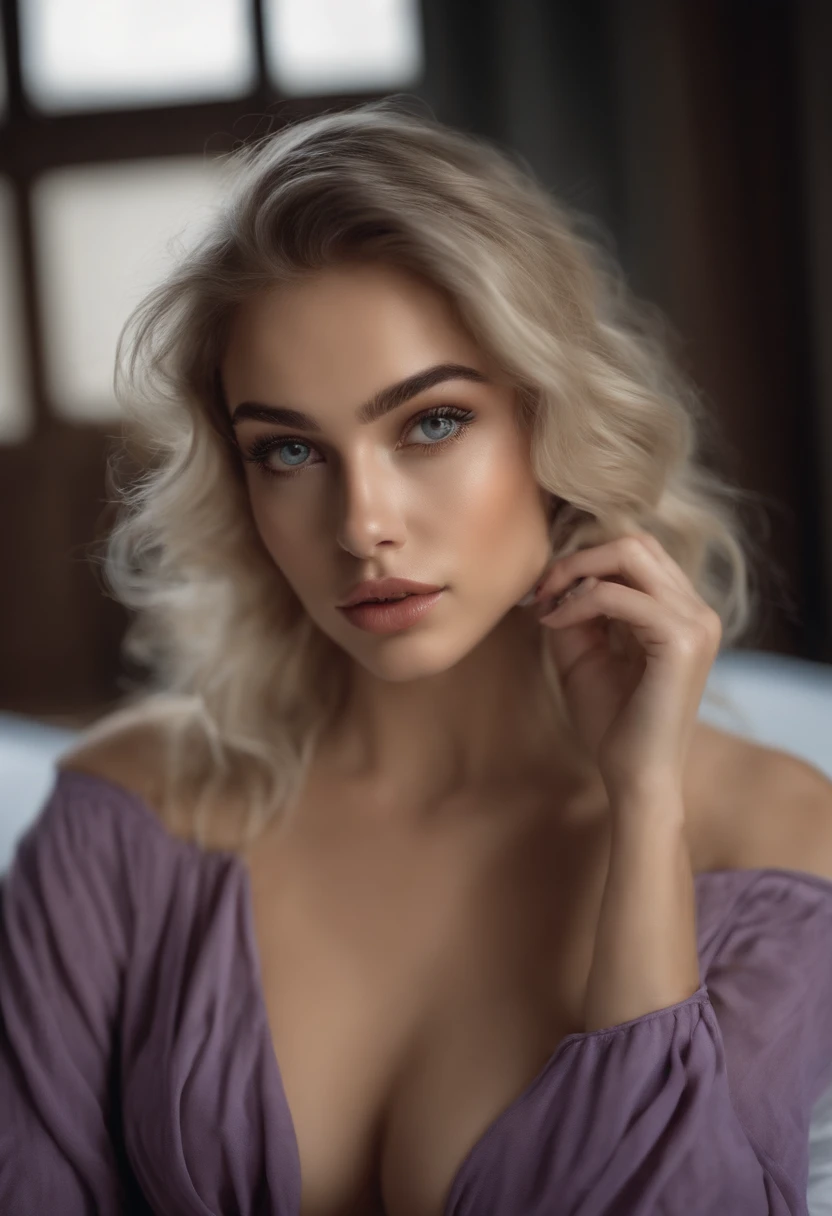 Femmes totalement Alafed , fille sexy aux yeux bleus, A hyper-realistic, Meticulously detailed, Portrait Sophie Mudd, cheveux blonds et grands yeux, selfie of a young woman, Yeux de chambre, Violet Myers, sans maquillage, maquillage naturel, looking straight at camera, Visage avec Artgram, Maquillage subtil, Great photo of the whole body kneeling on the bed, to the Chamber, Medium to large bust、nu