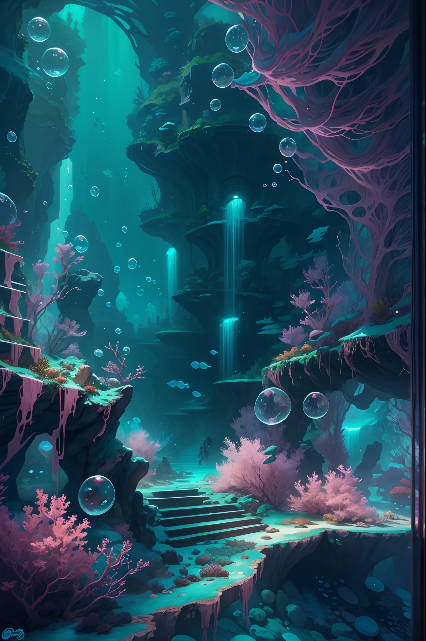 ModelShoot style, (Extremely detailed Cg Unity 8K wallpaper),((bubbly underwater scenery))，Futuristic underwater transparent ethereal ice sculpture palace,Futuristic underwater transparent ethereal ice sculpture palace，Beautiful underwater kingdom，Colorful tropical fish, Beautiful coral reef in the background，Vast and breathtaking scenery.Immerse yourself in the beautiful deep sea，Art germ, Broken glass, ((bubbly underwater scenery))，Deep sea concept art, inspired by Andreas Rocha, andreas rocha style, detailed fantasy digital art, 4k highly detailed digital art, Fantasy art Behance, Surreal deep-sea landscape, ❄️ Dream concept art, bussiere rutkowski andreas rocha, highly detailed fantasy art, Detailed digital 2D fantasy art
