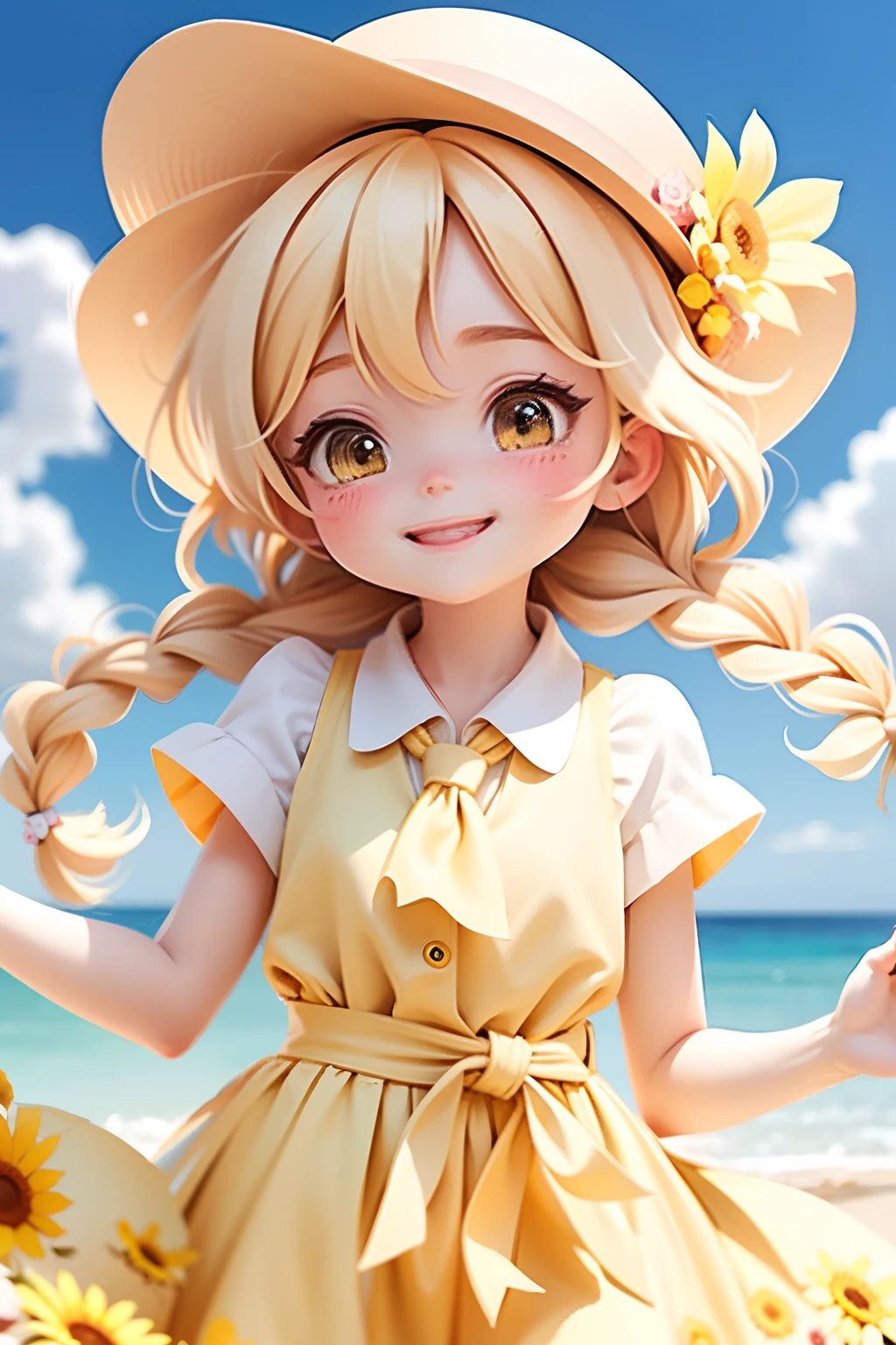 lolli girl in princess long yellow dress with sun flower style, blond hair with braid, cute smile in happyface, cap, cute ribbons, necktie, photoshot, summer sun beach