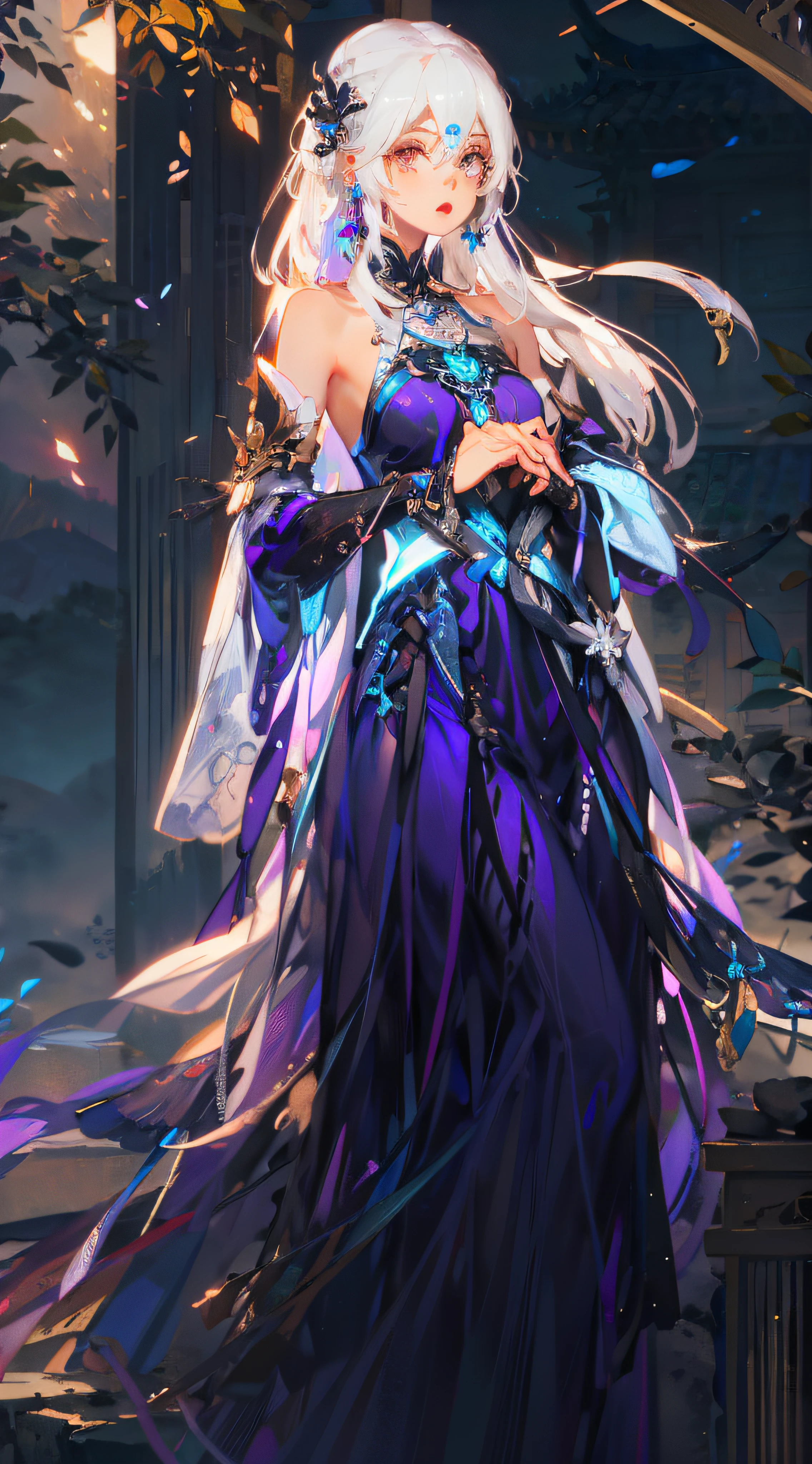 1girll, Solo, White hair, Purple dress, hair adornments, Long hair, jewelry, Blue dress, Bare shoulders, Earrings, Detached sleeves ,Ancient Chinese architectural temple in the background