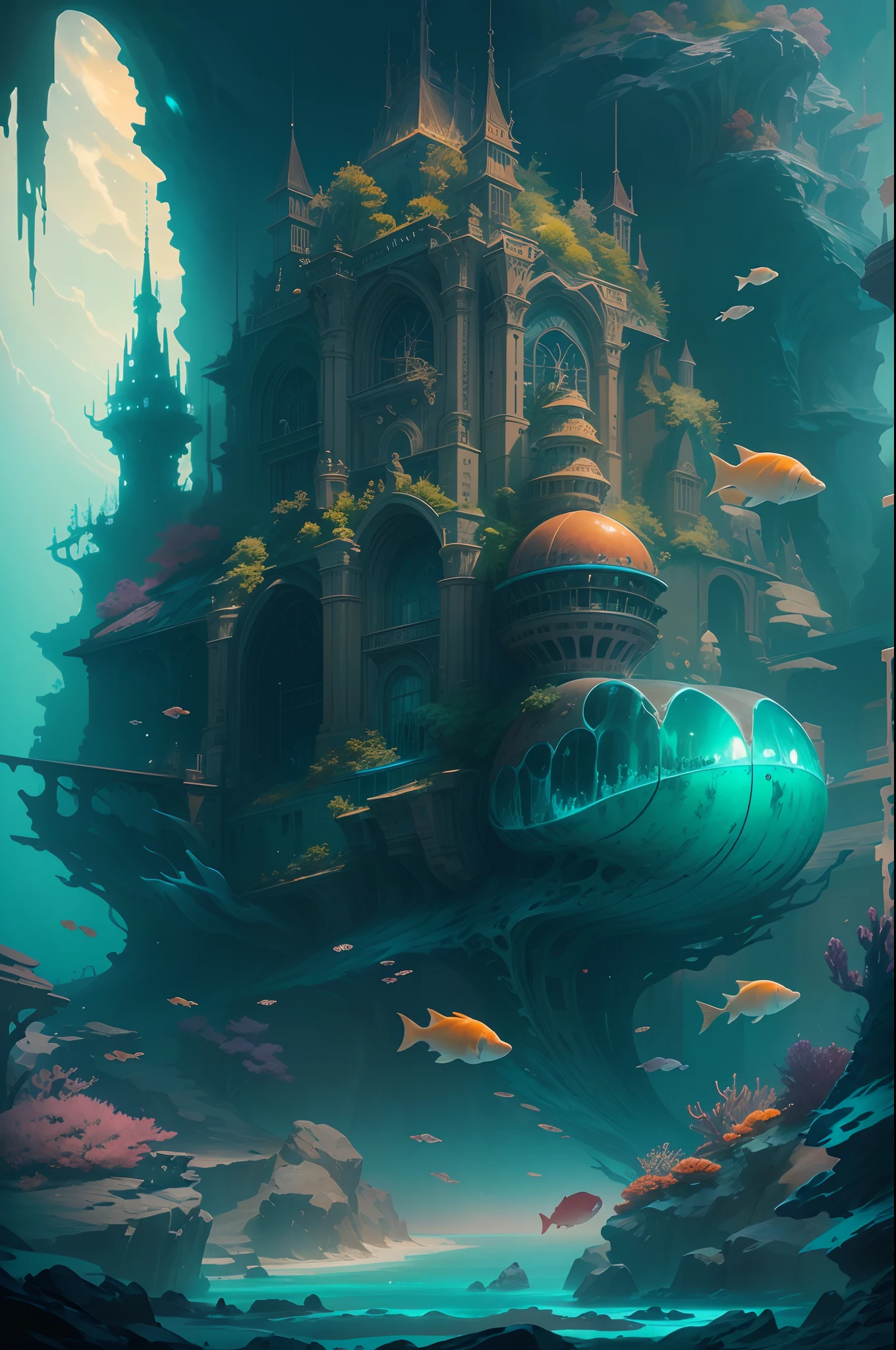 ModelShoot style, (Extremely detailed Cg Unity 8K wallpaper),((bubbly underwater scenery))，Futuristic underwater transparent ethereal ice sculpture palace,Futuristic underwater transparent ethereal ice sculpture palace，Beautiful underwater kingdom，Colorful tropical fish, Beautiful coral reef in the background，Vast and breathtaking scenery.Immerse yourself in the beautiful deep sea，Deep sea concept art, inspired by Andreas Rocha, andreas rocha style, detailed fantasy digital art, 4k highly detailed digital art, Fantasy art Behance, Surreal deep-sea landscape, ❄️ Dream concept art, bussiere rutkowski andreas rocha, highly detailed fantasy art, Detailed digital 2D fantasy art