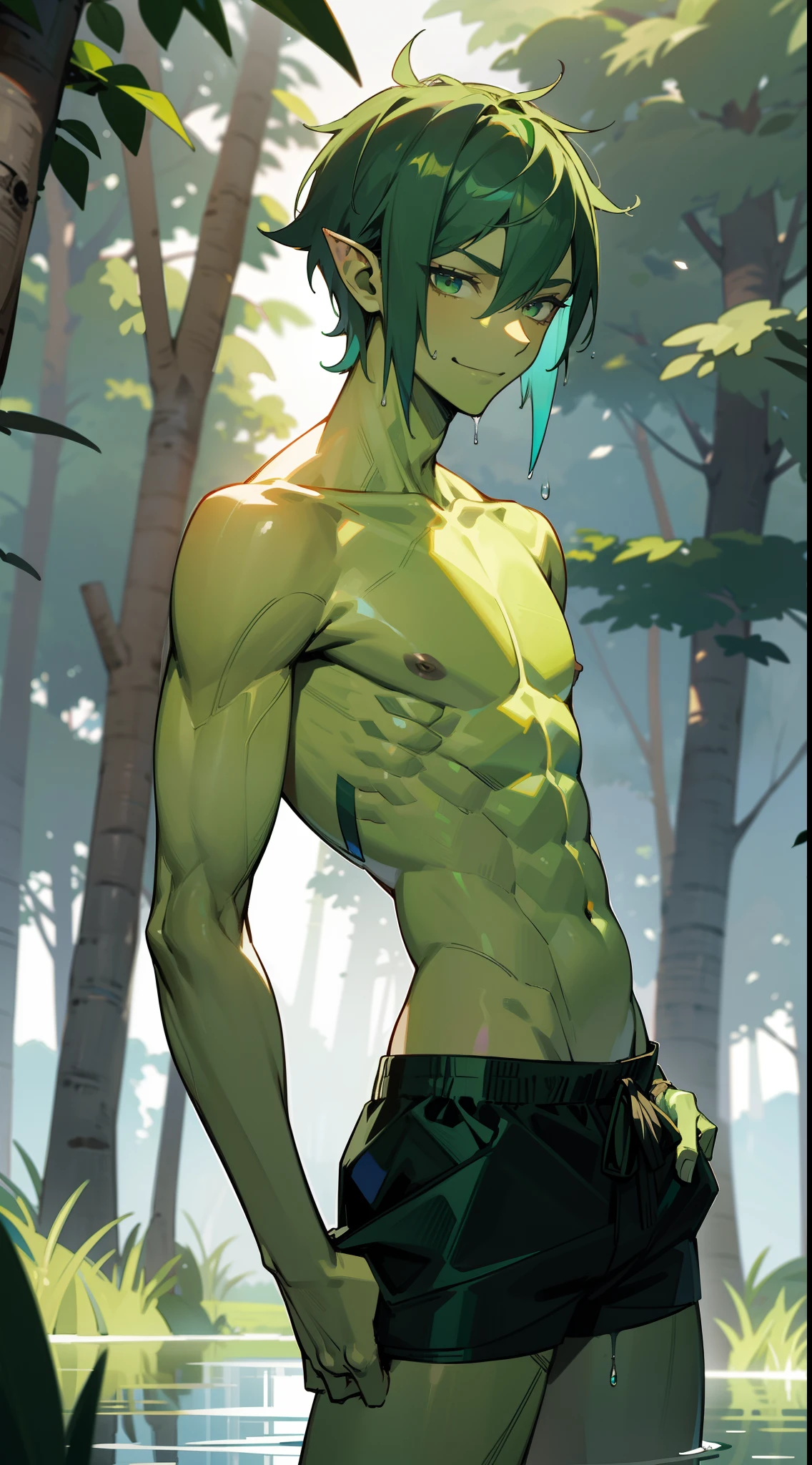 1man,male face,mature,30 years old,((colored skin, green skin:1.2)), green hair,short hair,pointed ears,muscles,tall, green eyes, smiling, lake in forest in the background,athletic body, male, iridescent skin, flat chest,sexy,athletic black shorts,prince,leaving the lake walking, wet,masterpiece,hd,4k