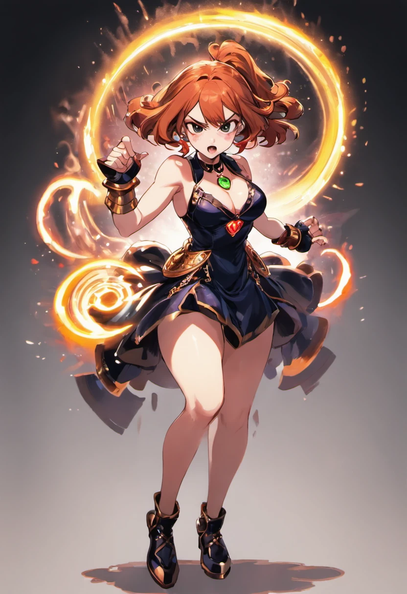 (beste-Qualit, tmasterpiece), 1girl, with thick copper hair, In a magic dress and with a locket around her neck, On White Background, in full height