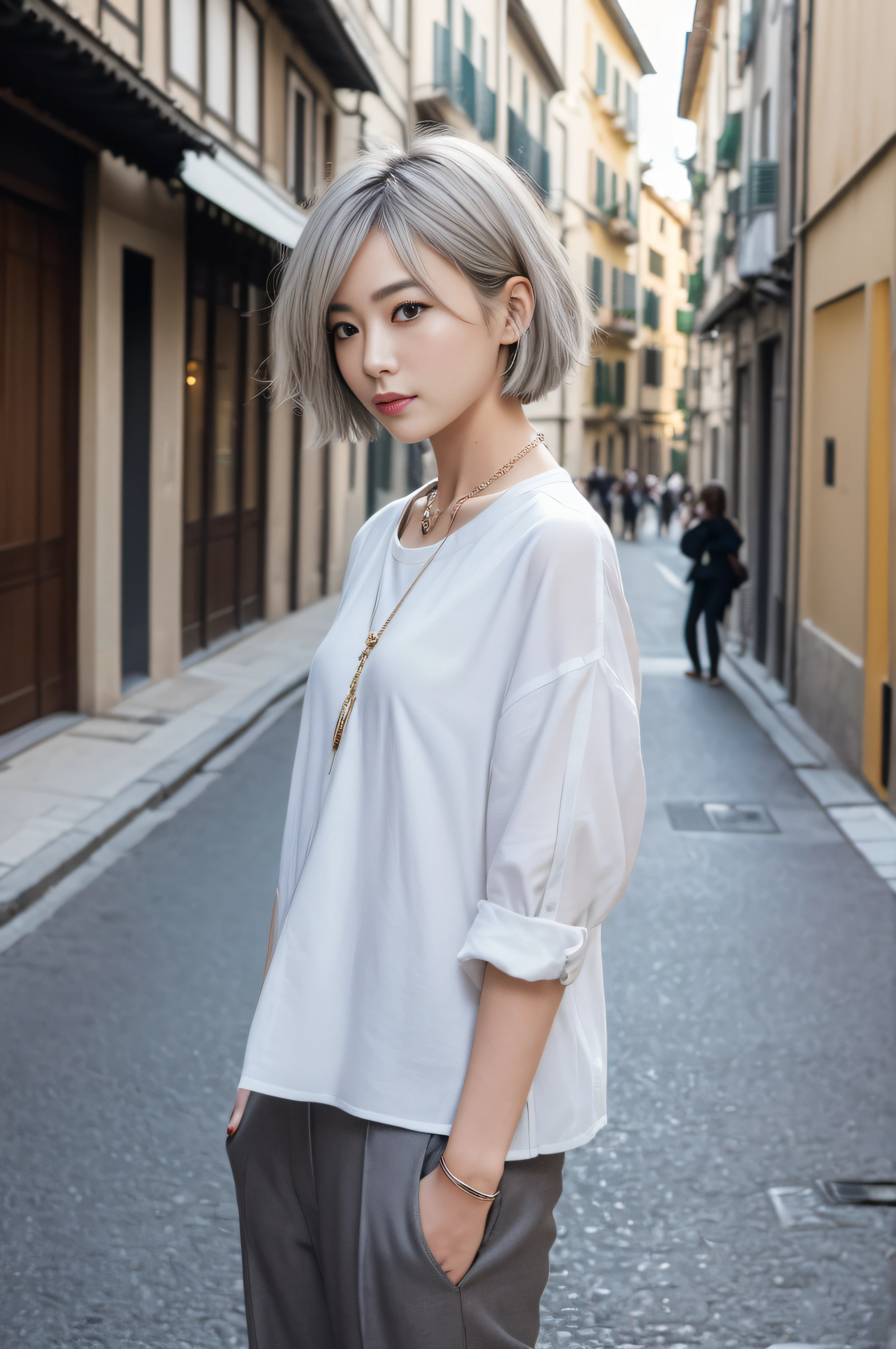 (((top-quality、8K、32K、masterpiece、nffsw:1.2)))、Outrageous beauty,(Photo of a cute Japanese woman、Half Face),1girl in、(Short,Light gray hair color)、((Trendy hairstyles in 2023,short-hair,Hair that flutters in the wind,Soft hair quality)),ultra-detailed hair,hyperdetailed face,二重まぶた、Long collar shirt、trouser、Necklace with small charm、Bustling street、Streets of Italy、Milan,Fashion Model Pose,Casual mode