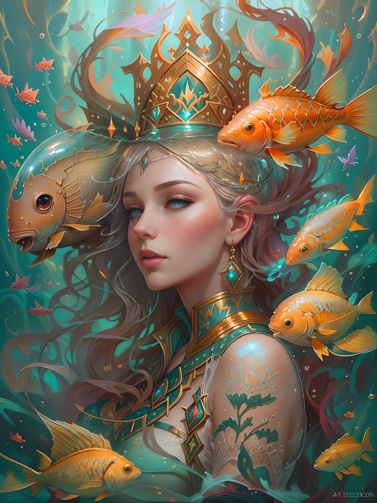 A woman sits on the throne of the palace，Beutiful women，Golden hair，（Beautiful bright eyes），Surrounded by fish and mirrors, Lots of fish，fish flocks，the reef，airbubble，sitting in his throne underwater, dan mumford tom bagshaw, jen bartel, portrait of mermaid queen, Fantasy art Behance, mohrbacher, Fantasy art style, Detailed fantasy illustration, A beautiful artwork illustration, fantasy art illustration, style of peter mohrbacher, peter mohrbacher''