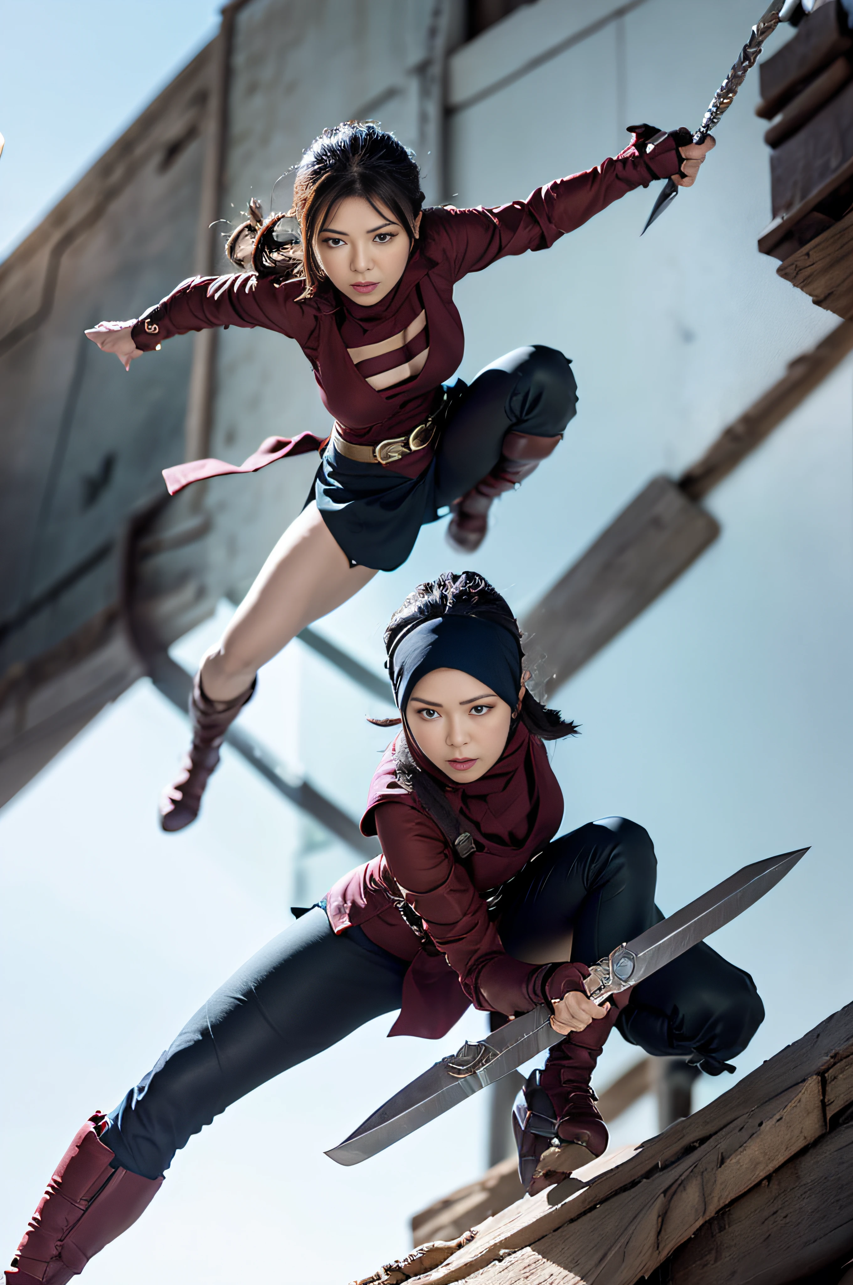 Create impressive photo artwork featuring a Malay girl in a hijab dressed as a superhero, Wield a blade as a weapon, Get caught up in intense and dynamic fighting action poses. Utilizing dramatic lighting and high-speed photographic technology、Freeze Action、Highlight details of her outfit and blades. Incorporate context to convey the urgency of the battle, With elements that enhance the heroic atmosphere. Capture the strength and determination of her expression, Highlight the empowerment and courage of this modern-day superheroine