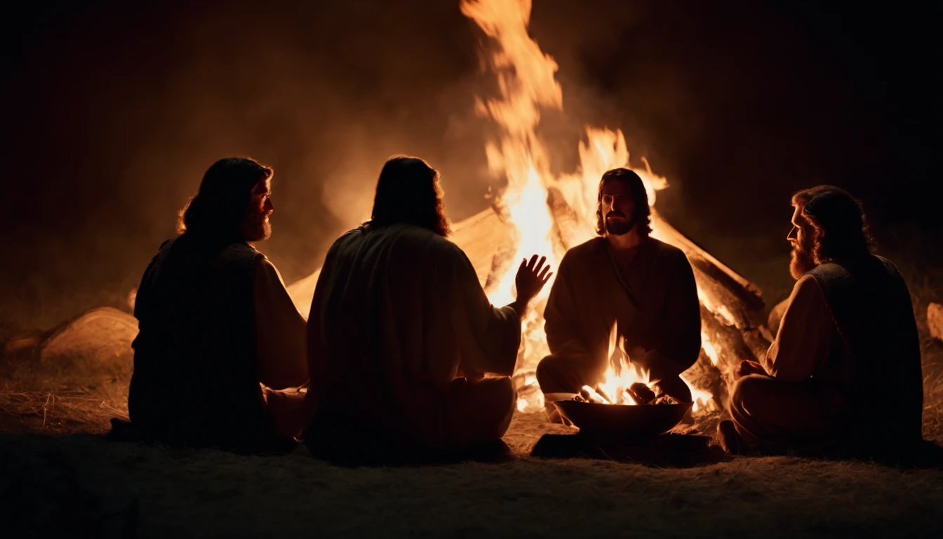 Jesus Christ talking to some disciples around a campfire, a noite, starly sky
