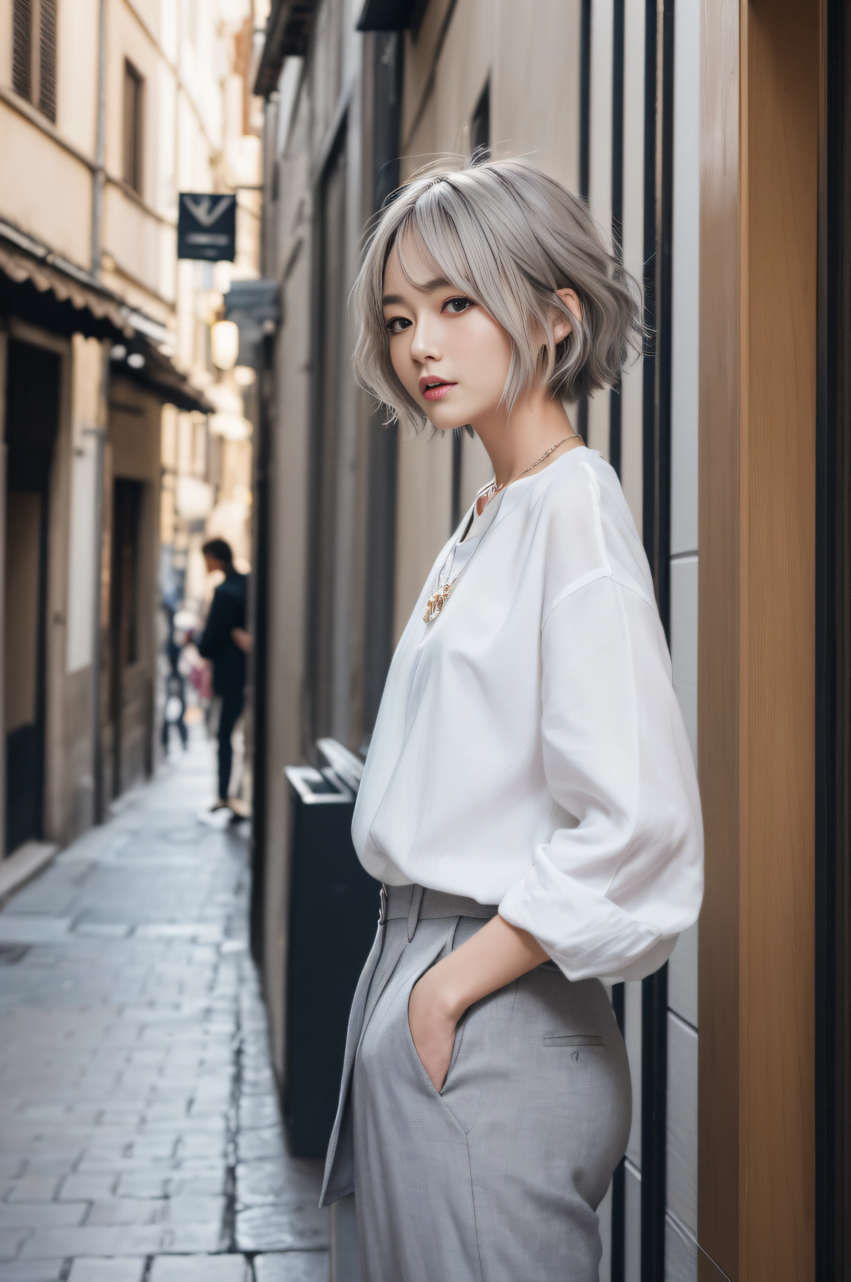 (((top-quality、8K、32K、masterpiece、nffsw:1.2)))、Outrageous beauty,(Photo of a cute Japanese woman、Half Face),1girl in、(Short,Light gray hair color)、((Trendy hairstyles in 2023,short-hair,Hair that flutters in the wind,Soft hair quality)),ultra-detailed hair,hyperdetailed face,二重まぶた、Long collar shirt、trouser、Necklace with small charm、Bustling street、Streets of Italy、Milan,Fashion Model Pose,Casual mode
