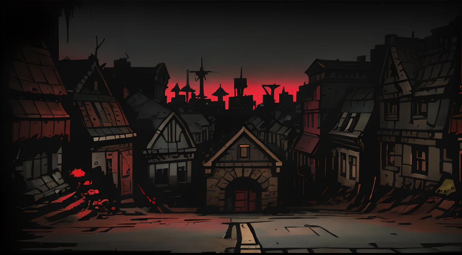 (The Darkest Dungeon), DDSTYLE, city ​​street, On the edges of the street houses, landscape, Landscape in the background