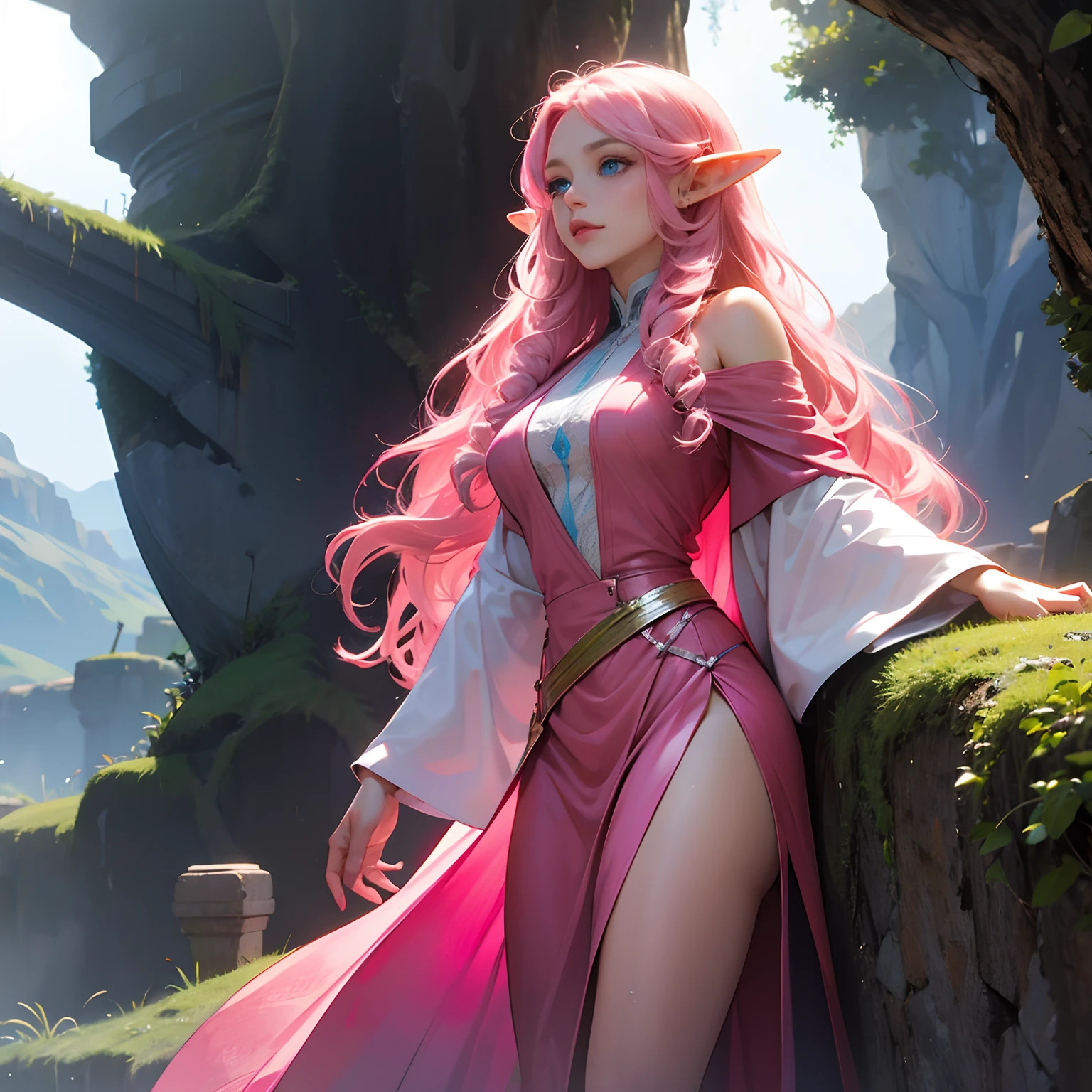 Woman, long curly hair, pink hair, blue eyes, elf
