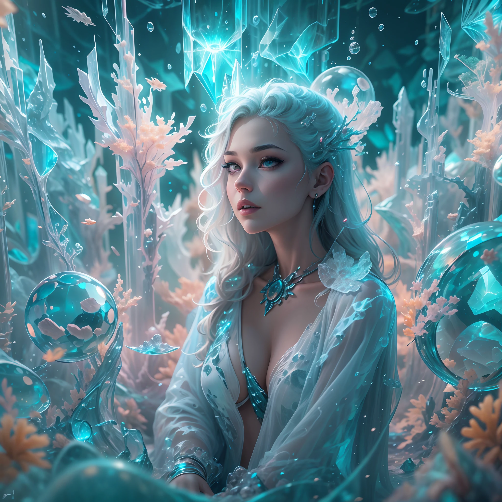 ModelShoot style, (Extremely detailed Cg Unity 8K wallpaper),[snowy mountain landscape，Translucent Ethereal Queen，Futuristic queen，Futuristic underwater translucent ice palace close-up,Colorful tropical fish, Beautiful coral reef in the background，Undersea Kingdom，Igloo，Ice Sculpture Palace，Ice cube room，The palace of the Ice Queen，Art germ, Broken glass, ((bubbly underwater scenery)) ，Radiant light octane rendering is highly detailed,photography of：Brandon Woelfelmist，Surreal dreams，Surrealist art fantasy style，Epic digital fantasy art style，lute，hdr，Beautiful sci-fi art, Science-fi digital art illustration, Digital cyberpunk art, science fiction digital painting, futuristic digital painting, futuristic concept art, Sci-fi deep-sea cyberpunk, Cyberpunk Atlantis in front of the landscape, science fiction digital art, Advanced digital cyberpunk art, dreamy cyberpunk girl