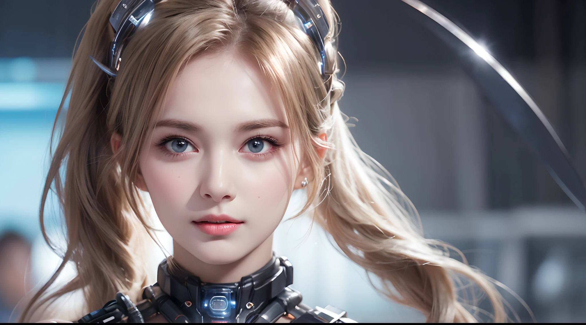 A close-up head and chest portrait of a pretty and cute woman, her chest adorned with pneumatic tubes that give her a unique and futuristic appearance. The highly detailed digital rendering captures every aspect of her beauty, from her delicate features to the intricate tubes.