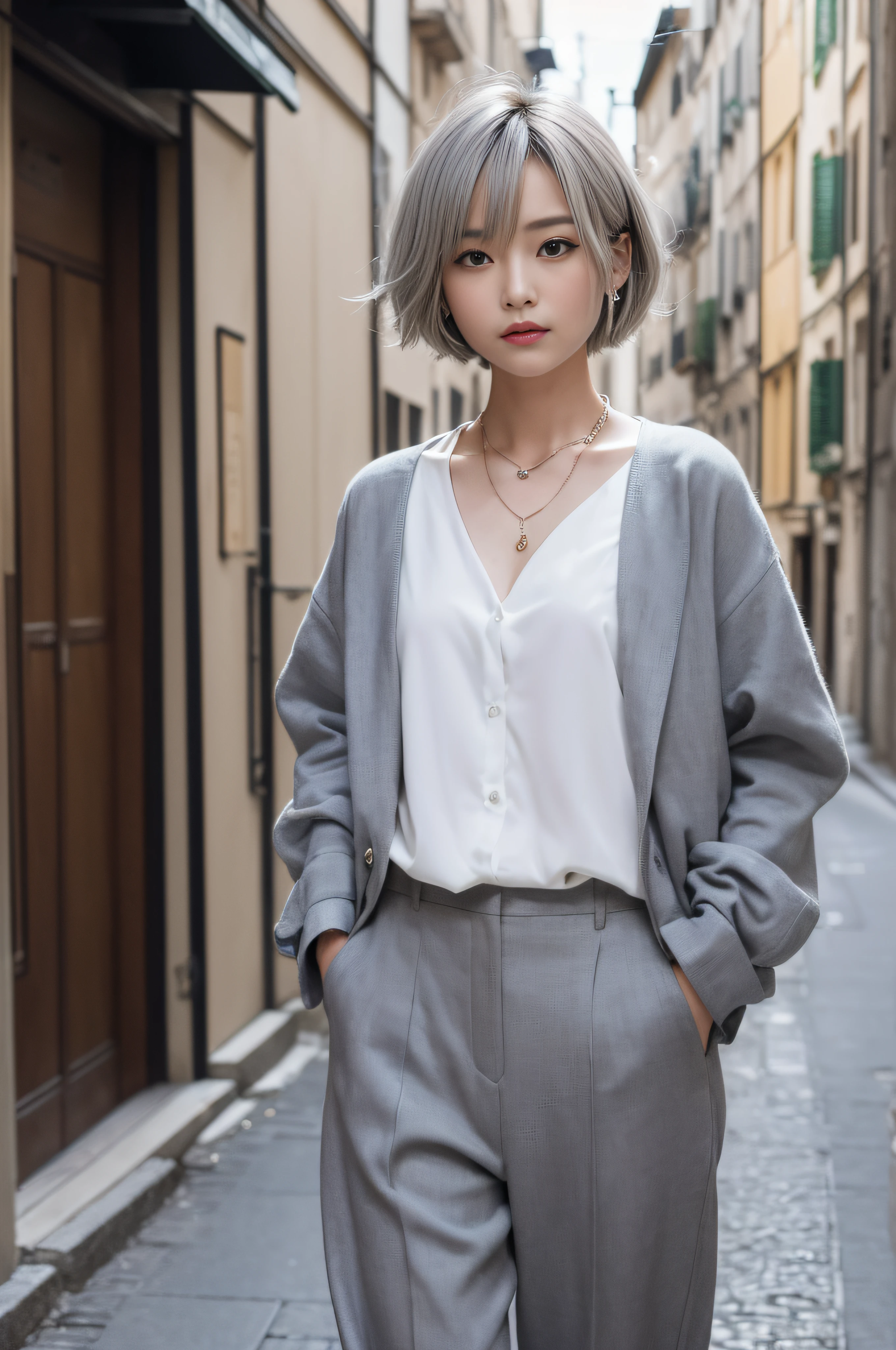 (((top-quality、8K、32K、masterpiece、nffsw:1.2)))、Outrageous beauty,(Photo of a cute Japanese woman、Half Face),1girl in、(Short,Light gray hair color)、((Trendy hairstyles in 2023,short-hair,Hair that flutters in the wind,Soft hair quality)),ultra-detailed hair,hyperdetailed face,二重まぶた、Long collar shirt、trouser、Necklace with small charm、Bustling street、Streets of Italy、Milan,Fashion Model Pose,Casual mode