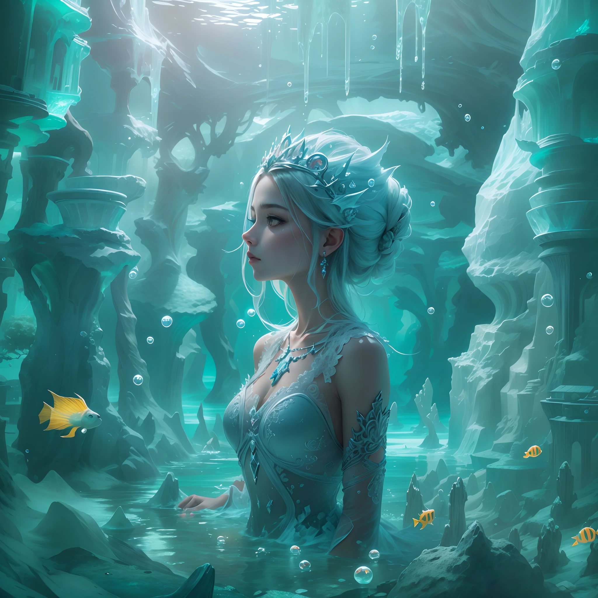 ModelShoot style, (Extremely detailed Cg Unity 8K wallpaper),((bubbly underwater scenery))，Futuristic underwater translucent ice palace,Undersea Kingdom，snow mountains，Igloo，Ice Sculpture Palace，Ice cube room，The palace of the Ice Queen，Crown of the Ice Queen，Immerse yourself in the beautiful deep sea，photography of：Brandon Woelfelmist，Surreal dreams，Gray atmosphere，raining day，dyna，lute，hdr，Surrealist art fantasy style，Epic digital fantasy art style，Beautiful dream art,