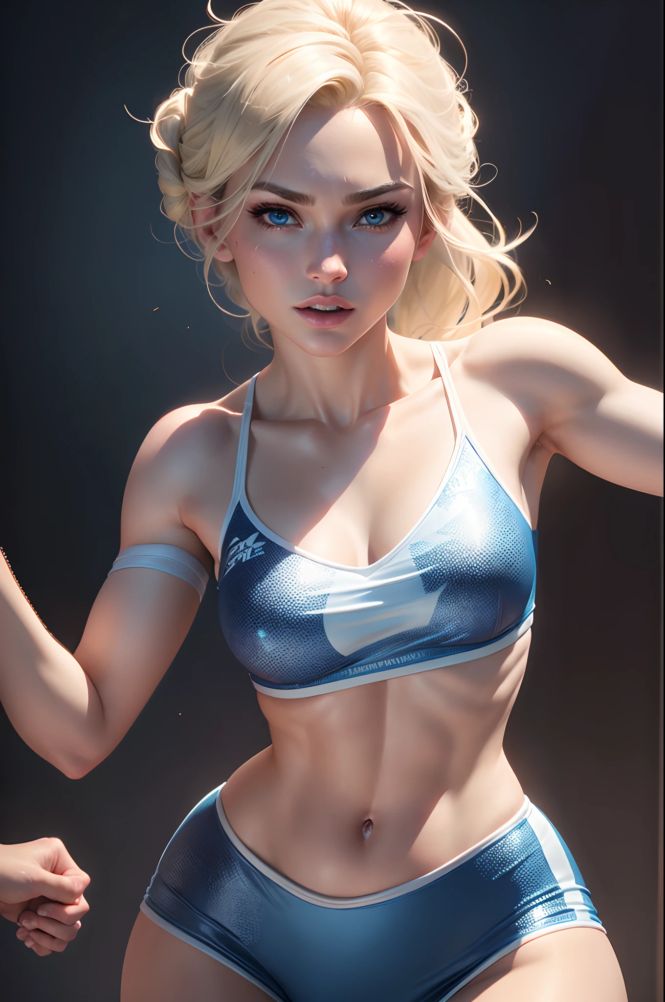 realistic hot frozen elsa, with a sexy boxing clothes, holding hands near the face in the fighting position, walking slow motion, blonde hair, 8k resolution, (best quality: 1.1), (anatomically correct: 1.1), (perfect hand: 1.1 ), ( (Facial Detail: 1.3)), (Skin Detail), (Perfect Eyes), (Perfect Nose), (perfect hand fingers)