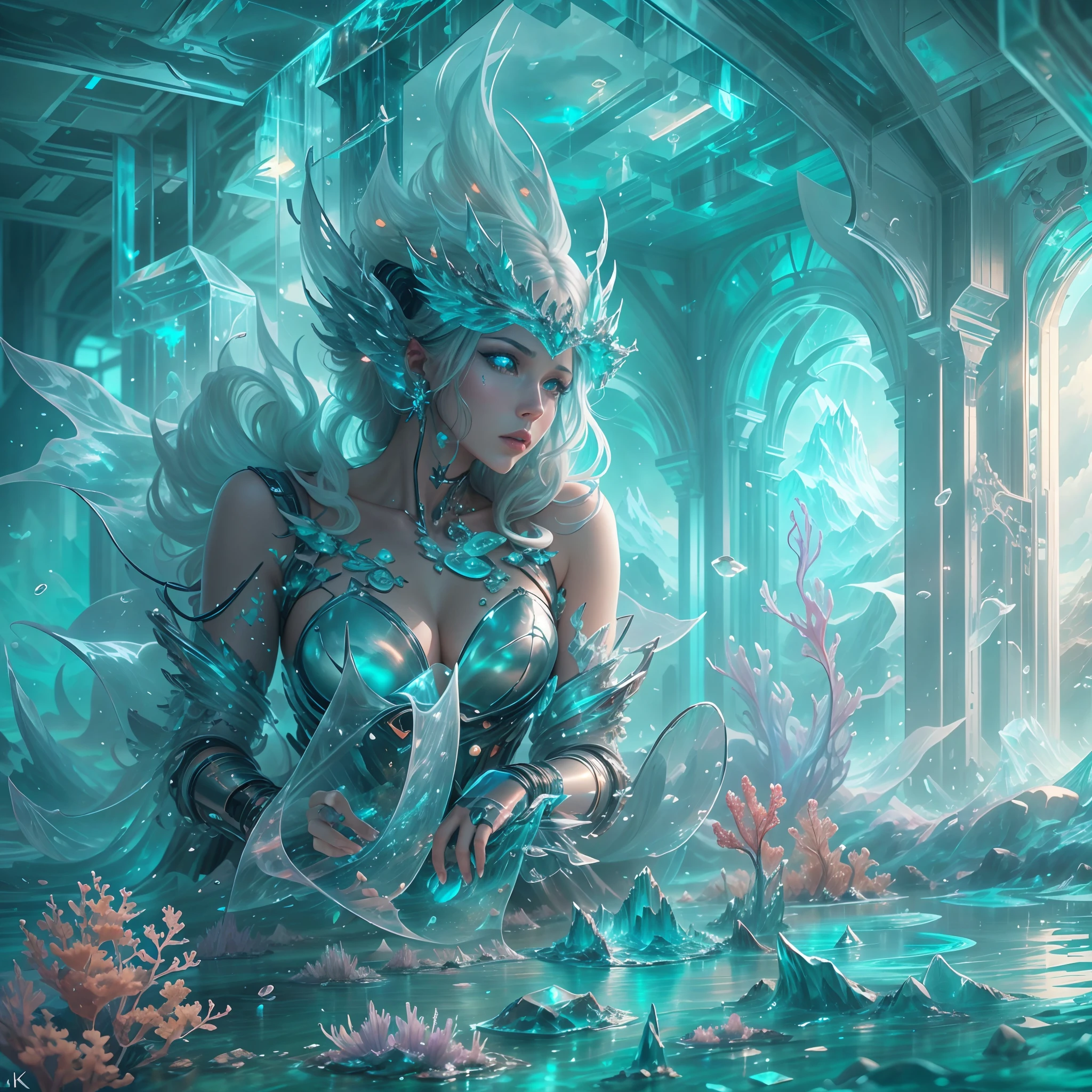 ModelShoot style, (Extremely detailed Cg Unity 8K wallpaper),[snowy mountain landscape,Translucent ethereal mechanical queen,Futurist Queen,Mechanical joints,Futuristic underwater translucent ice palace close-up,Colorful tropical fish, Beautiful coral reef in the background,Undersea Kingdom,snow mountains,Igloo,Ice Sculpture Palace,Ice cube room,The palace of the Ice Queen,Art germ, Broken glass, ((bubbly underwater scenery)) ,Radiant light octane rendering is highly detailed,photography of:Brandon Woelfelmist,Surreal dreams,Surrealist art fantasy style,Epic digital fantasy art style,lute,hdr,Beautiful sci-fi art, Science-fi digital art illustration, Digital cyberpunk art, science fiction digital painting, futuristic digital painting, futuristic concept art, Sci-fi deep-sea cyberpunk, Cyberpunk Atlantis in front of the landscape, science fiction digital art, Advanced digital cyberpunk art, dreamy cyberpunk girl