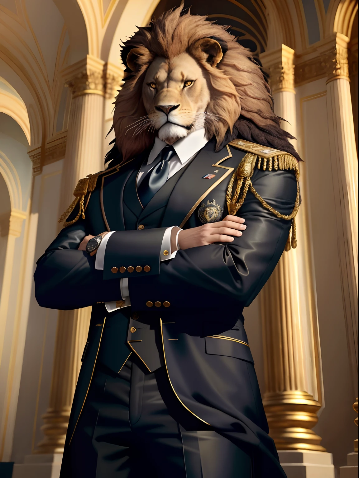 "A photorealistic depiction of a powerful and sinister lion with a tortuous political aura. The lion should be portrayed as a cunning and manipulative figure, Dressed in a sharp and majestic politician's attire. The lion's expression should exude arrogance and cruelty. The background must be a grandiose and opulent political scenario., with symbols of power and influence. The lighting should be dramatic, Casting shadows that add to the lion's ominous presence. The camera shot should be an average shot, Capture the lion's imposing posture and the fine details of your politician's outfit. Resolution should be 8K or higher to show the intricate textures of the lion's coat and ornate elements of their outfit.. El estilo de renderizado debe apuntar a un aspecto profesional y pulido, similar to a political campaign poster or a propaganda artwork. Artistic inspirations can be drawn from political illustrations and photographs of powerful political figures.. (((Mighty sinister lion))), (((Attire politician attire))), (((Opulent political environment))), (((Dramatic lighting))), (((Plano medio))), (((8K resolution))), (((Estilo de renderizado profesional))).»