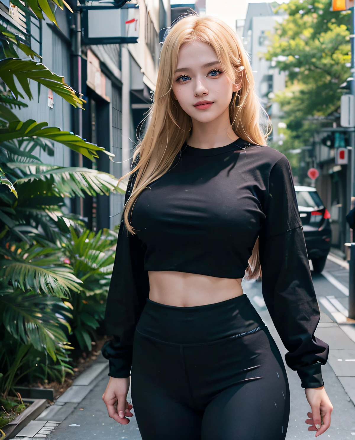 1girl, Blue eyes, (smiling), (Sana Minatozaki), wide hips, Big Boobs, big ass, (Best Quality, 8k, Masterpiece: 1.3), perfect hands, Clear Focus: 1.2, Perfect Body Beauty: 1.4 , Slender Abs: 1.2, Highly detailed face and skin texture, detailed eyes, double eyelids, (blonde long hair), (blue long sleeve t-shirt :1.2), (black cotton leggings :1.3), standing, dynamic pose, in a residential neighborhood of tokyo, deep on field