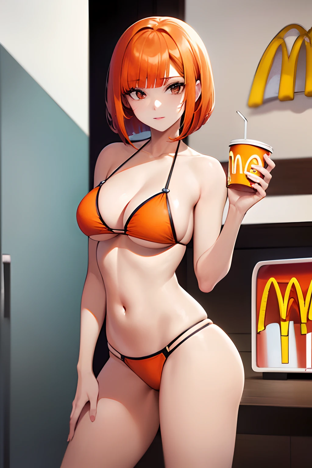 Mujer, (pechos grandes), ((corte bob recto)), ((cabello naranja)), (solo), sexy Orange hair, ((mcdonald's)), bikini, (((straight bob cut))) straight bob cut, ((mostrando los pechos))