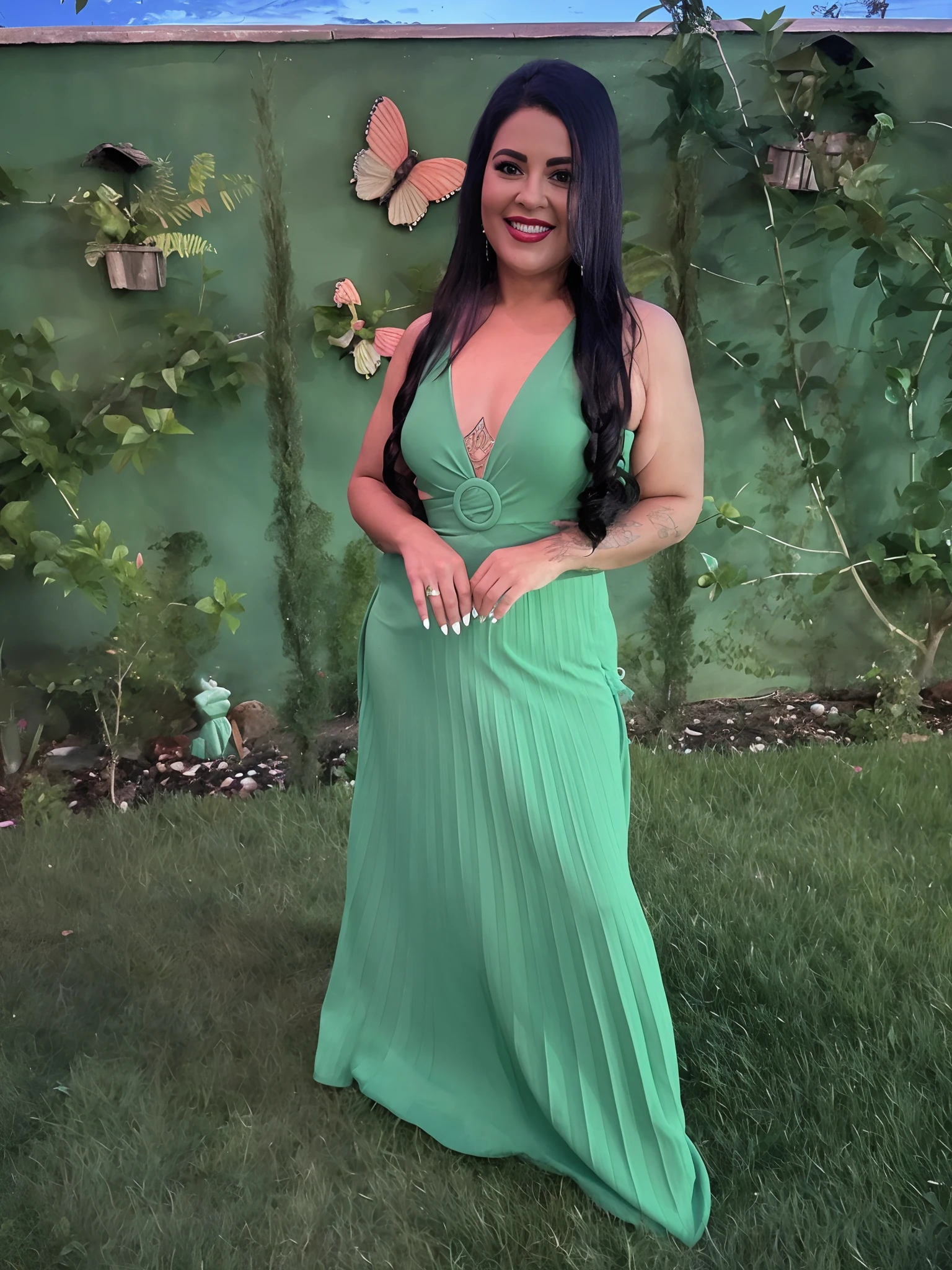 There's a woman in a green dress standing on the grass, vestido verde de corpo inteiro, vestido verde, vestindo vestido longo, Lorena Avarez, vestido verde claro, vestindo verde, usando um vestido de noite, Alanis Guillen, foto de perfil, vestido longo, vestido longo, taken in the early 2020s, usando um vestido longo