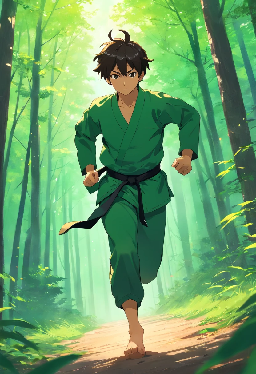 (best quality)), ((masterpiece)), (detailed), male 21 martial artist, masked, dark green/black martial arts clothes, running fast, escaping through the forest terrain, outskirts, with energy blasts