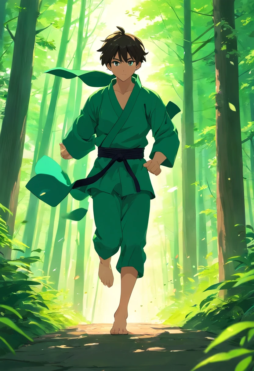 (best quality)), ((masterpiece)), (detailed), male 21 martial artist, masked, dark green/black martial arts clothes, running fast, escaping through the forest terrain, outskirts, with energy blasts